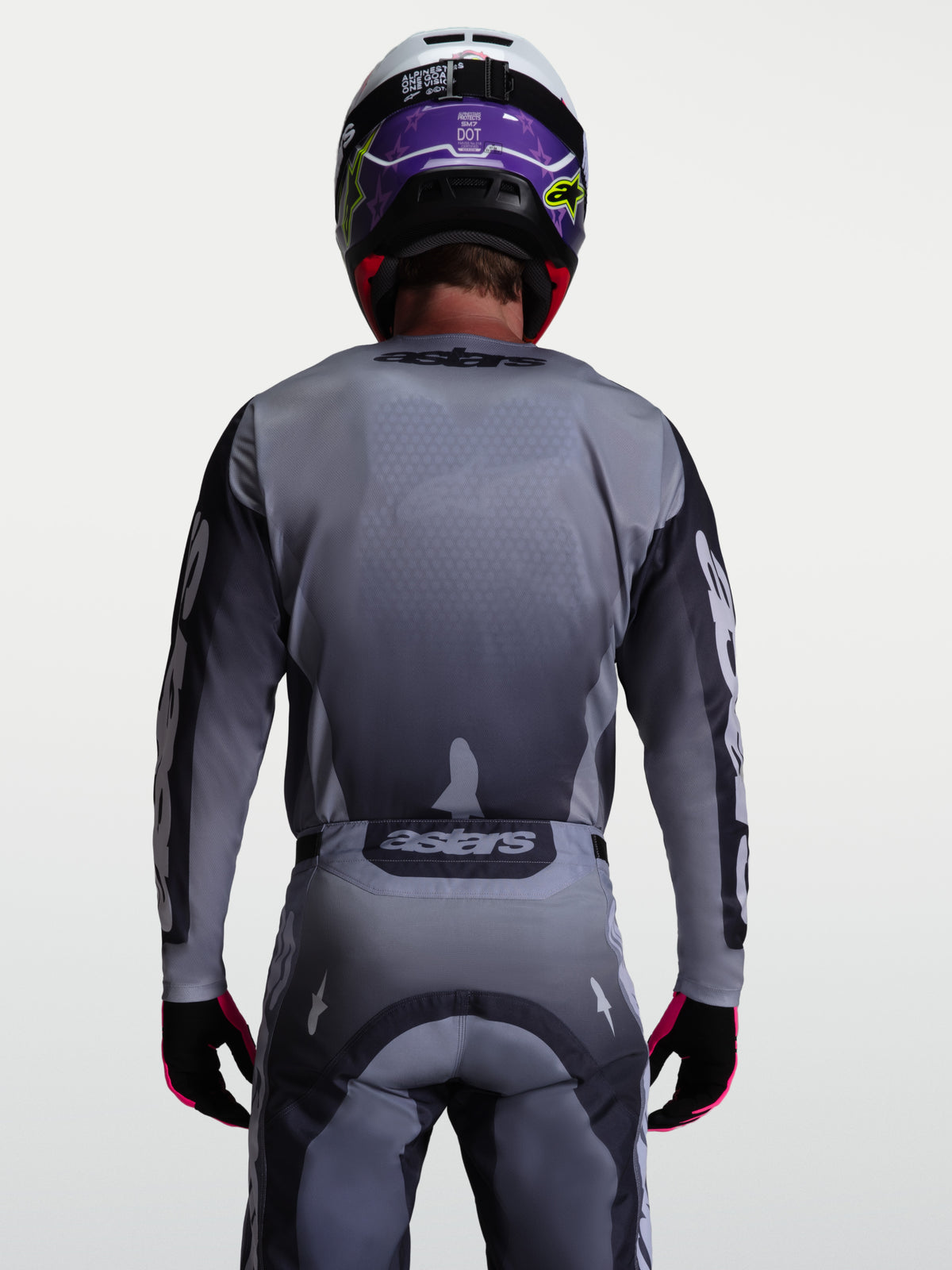 Jersey Alpinestars Racer Amber, para motocross y off-road, vista trasera, gris y lila claro, tejido técnico ligero