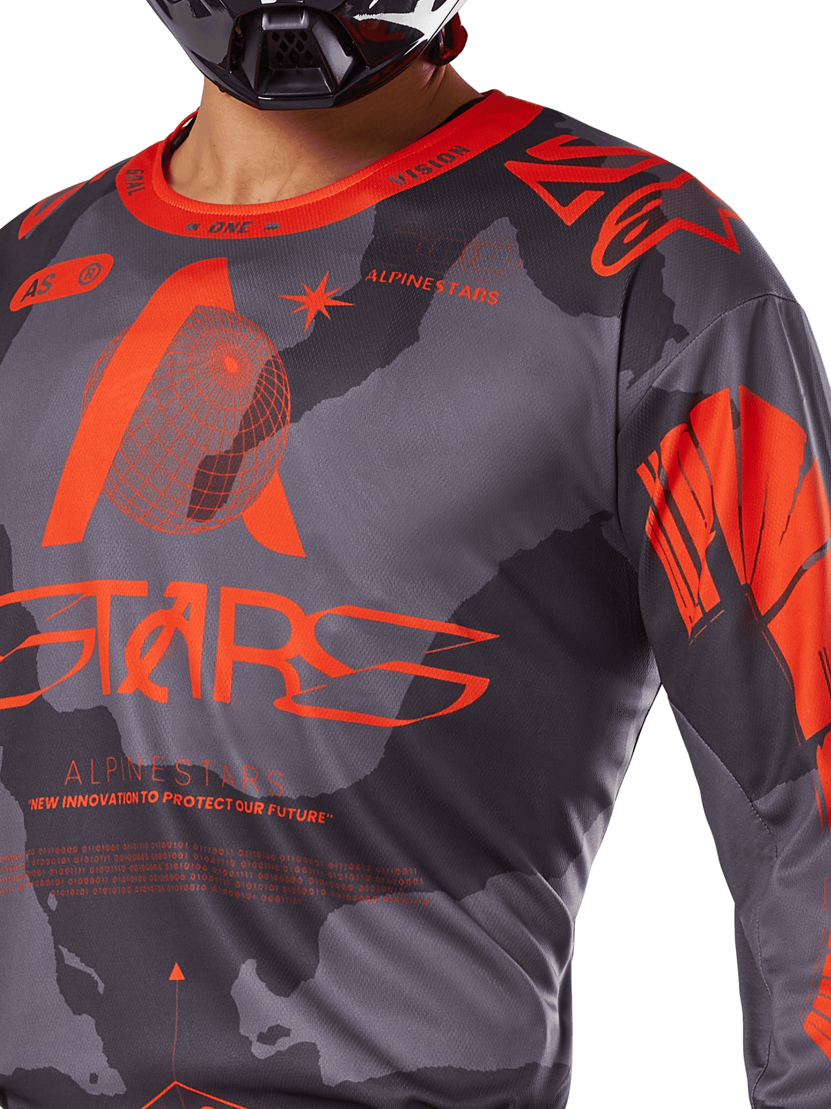 Alpinestars 2025 Racer Hollow Jersey, jersey de motocross, gris camuflaje y naranja flúor, con un gran logotipo naranja de Alpinestars y gráficos técnicos, cuello redondo, diseñado para un alto rendimiento en conducción off-road