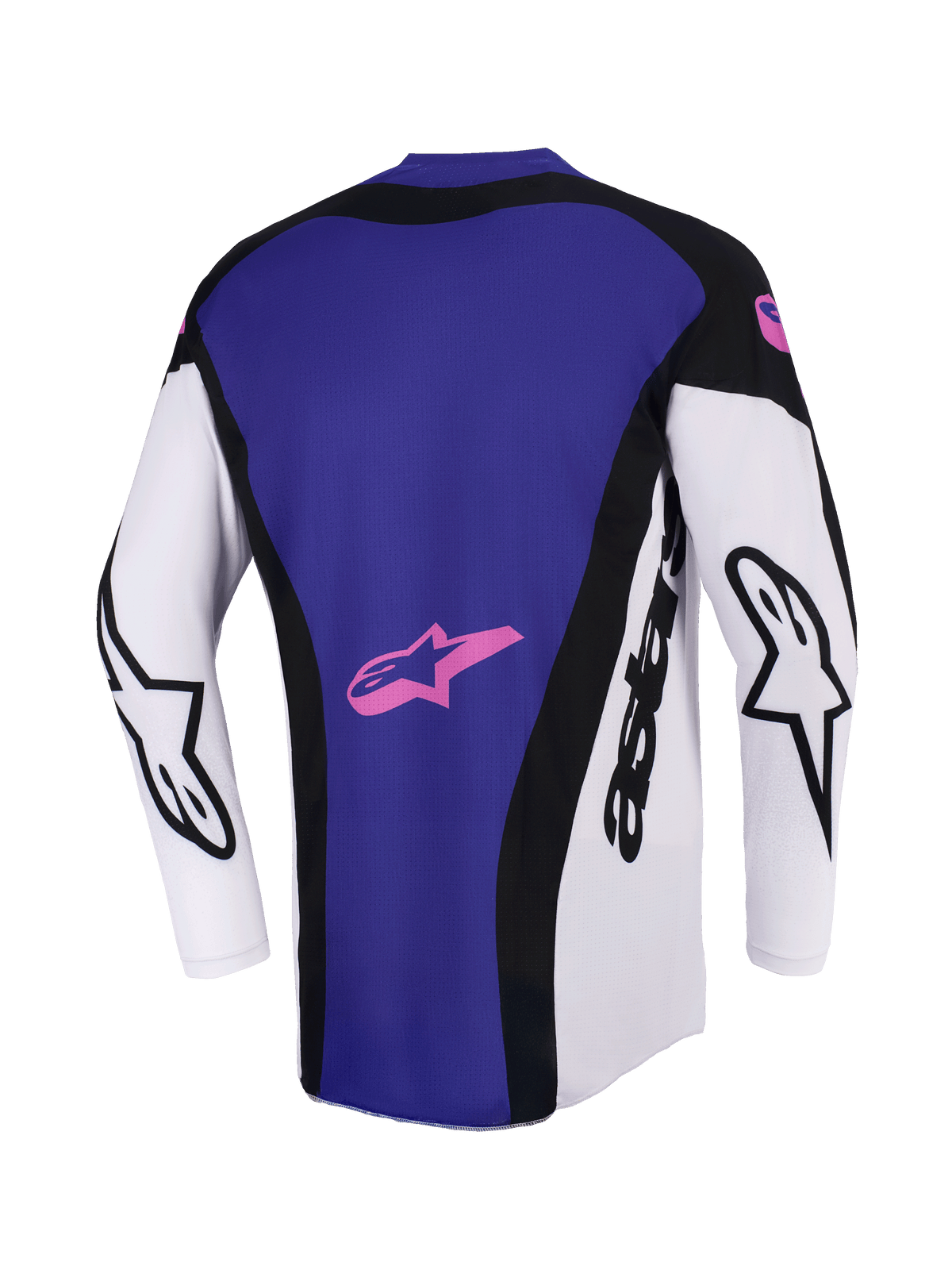 Alpinestars 2026 Techstar Knif Jersey, jersey de motocross, negro, gris claro y púrpura, vista trasera que muestra un gran panel posterior púrpura con un logotipo de estrella rosa, mangas blancas con marca Alpinestars en negro, ajuste atlético de carrera.