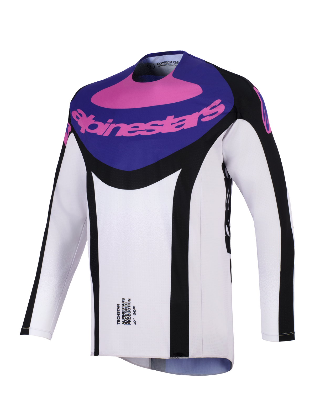 Jersey Alpinestars Techstar Knif 2026, jersey de motocross, negro, gris claro y morado, con un panel morado en el pecho con la marca Alpinestars en rosa, detalles laterales en negro y tejido ligero que absorbe la humedad para un rendimiento off-road.
