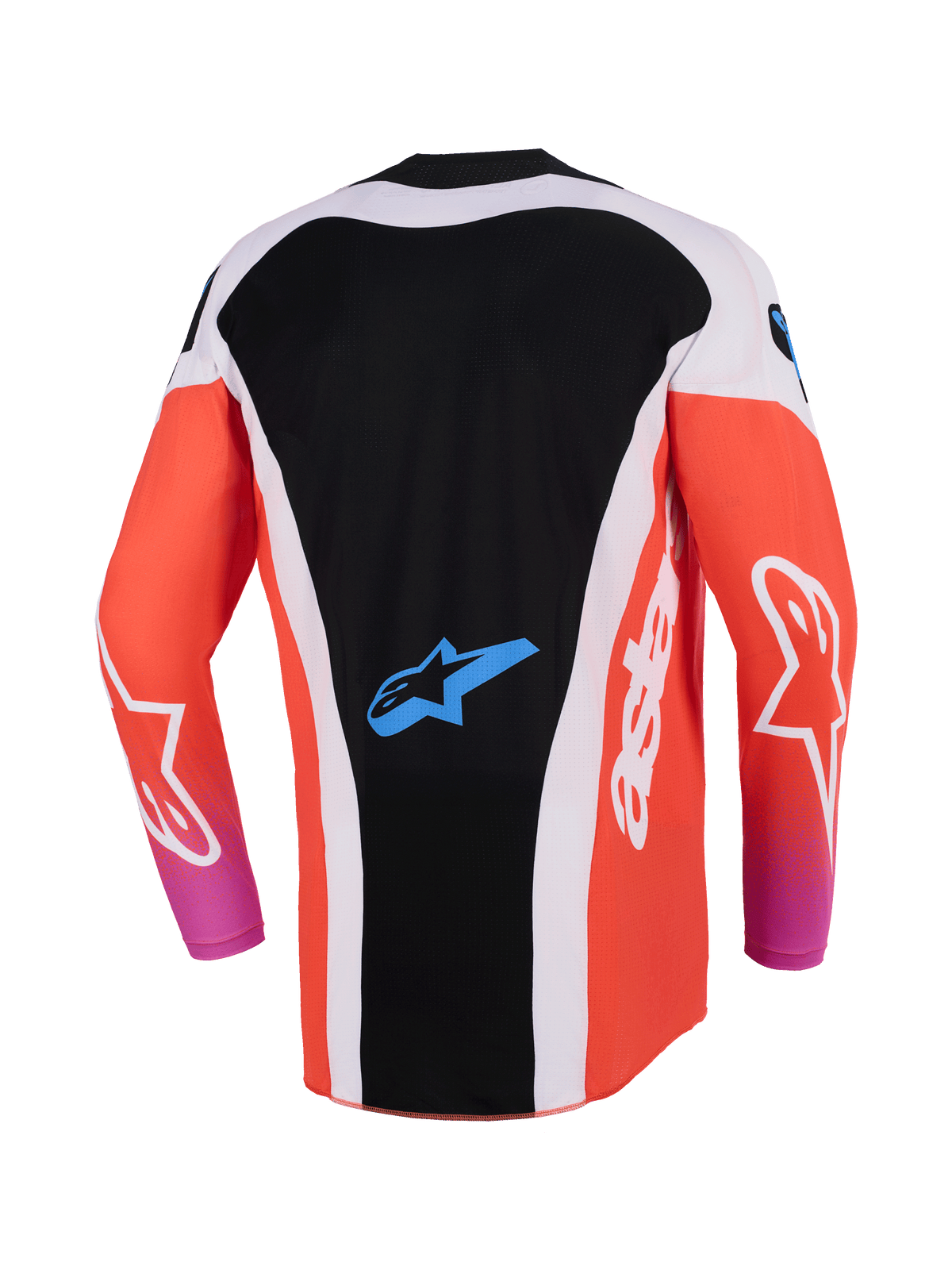 Alpinestars 2026 Techstar Knif Jersey, jersey de motocross, negro y naranja flúor, vista trasera con diseño posterior extendido, paneles laterales blancos, logotipo Astar azul en la parte inferior de la espalda, manga larga, equipamiento de competición de alto rendimiento
