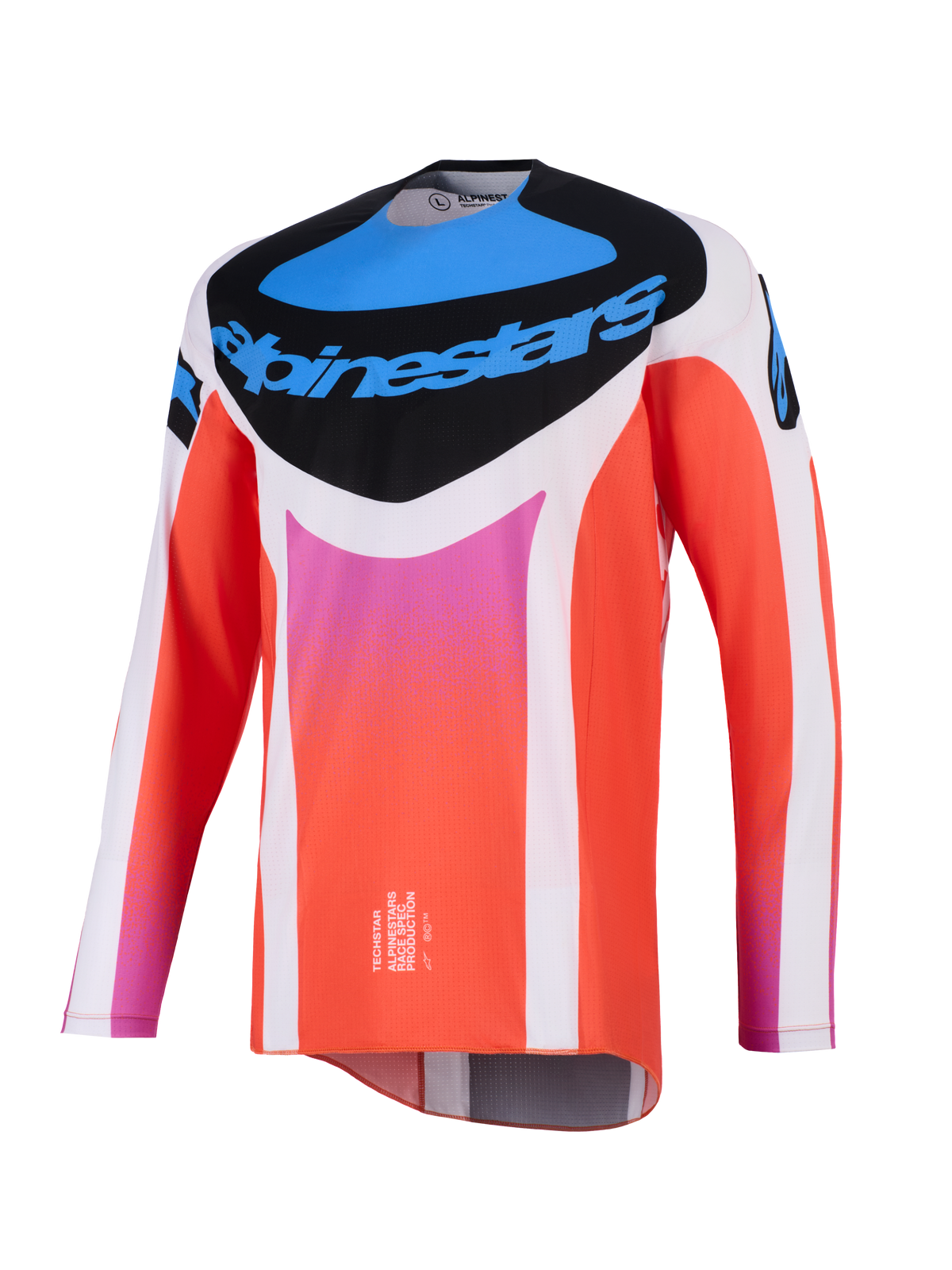 Alpinestars Techstar Knif Jersey 2026, jersey de motocross, blanco y naranja con detalles en azul y rosa, panel negro en el pecho con el logotipo de Alpinestars, equipamiento técnico de manga larga para rendimiento off-road