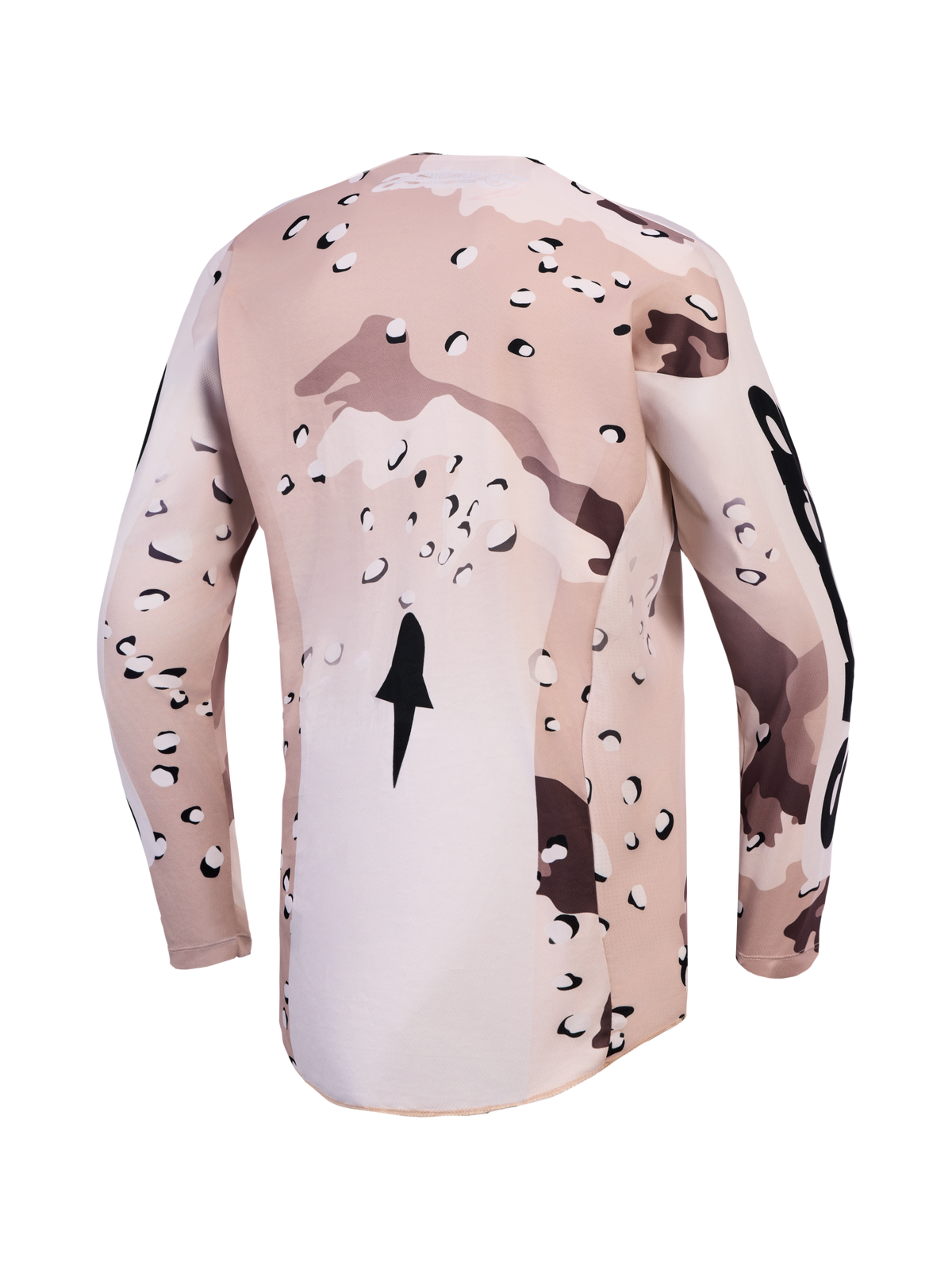 Alpinestars Jersey Racer Lone, jersey de motocross para hombre, camuflaje desierto y negro, vista trasera con dobladillo trasero extendido para mayor cobertura.