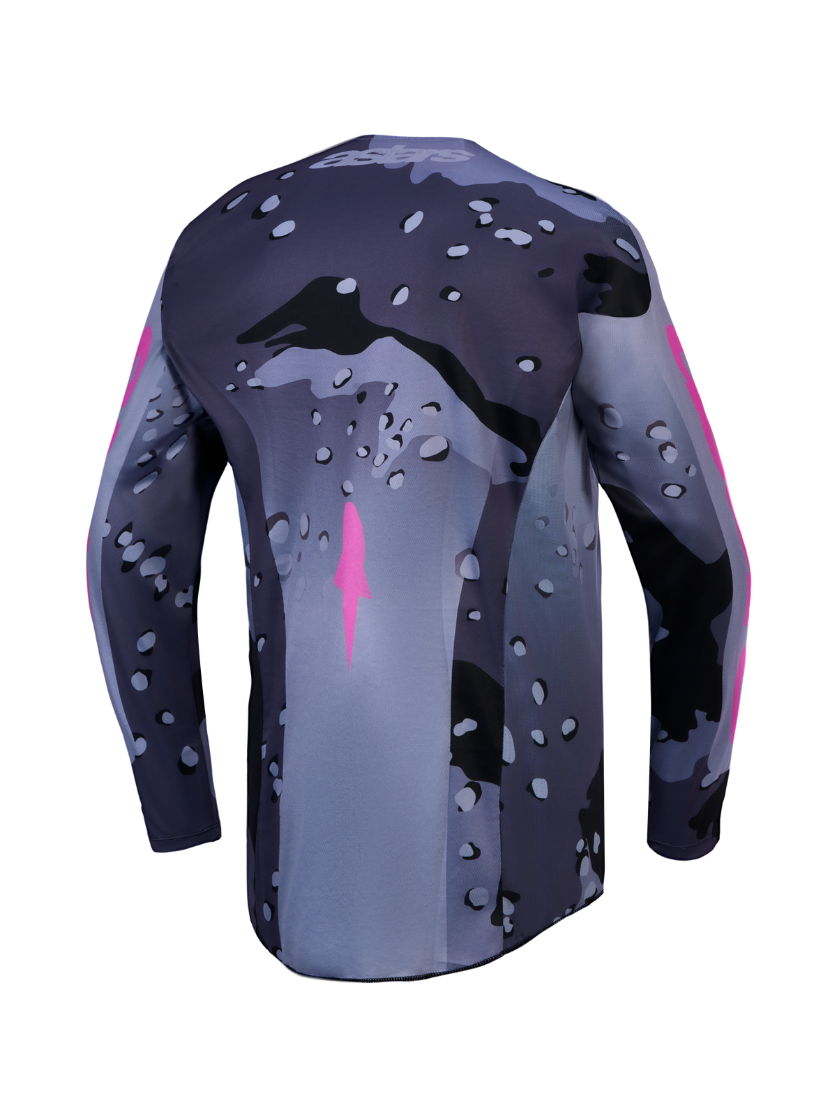 Alpinestars Racer Lone, jersey de motocross para hombre, camuflaje gris y morado, vista posterior, polifabricado transpirable