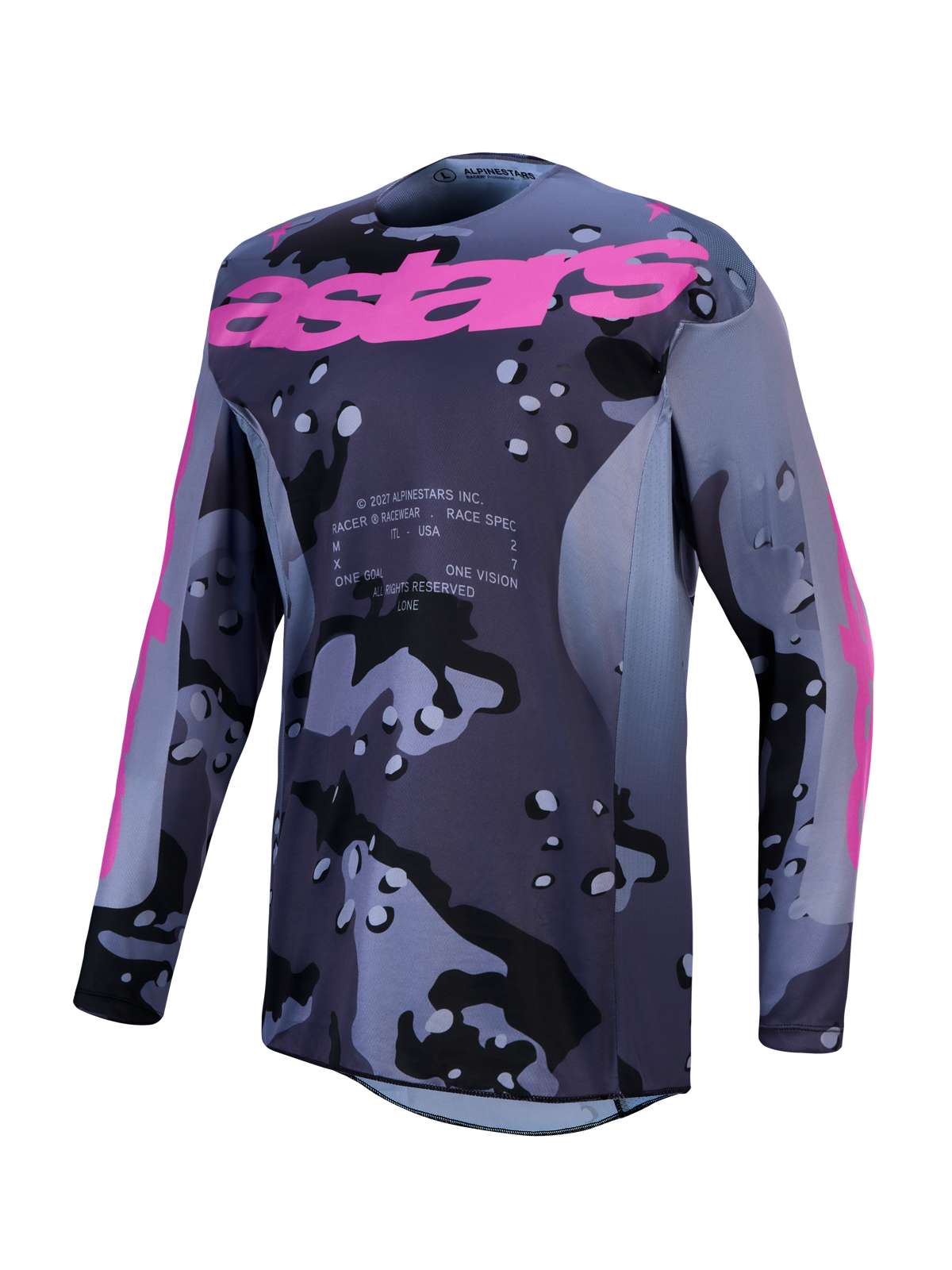 Alpinestars Jersey Racer Lone, jersey de motocross para hombre, gris camuflaje y morado, polifabricado que absorbe la humedad