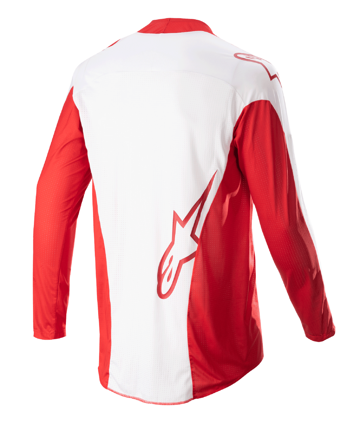 Alpinestars Techstar Arch Jersey 2023, jersey de motocross, rojo Marte y blanco, vista trasera que muestra el panel central blanco y mangas largas rojas, logotipo Astars rojo en la parte inferior de la espalda, paneles de ventilación de malla y parte trasera extendida para cobertura en carreras todoterreno.