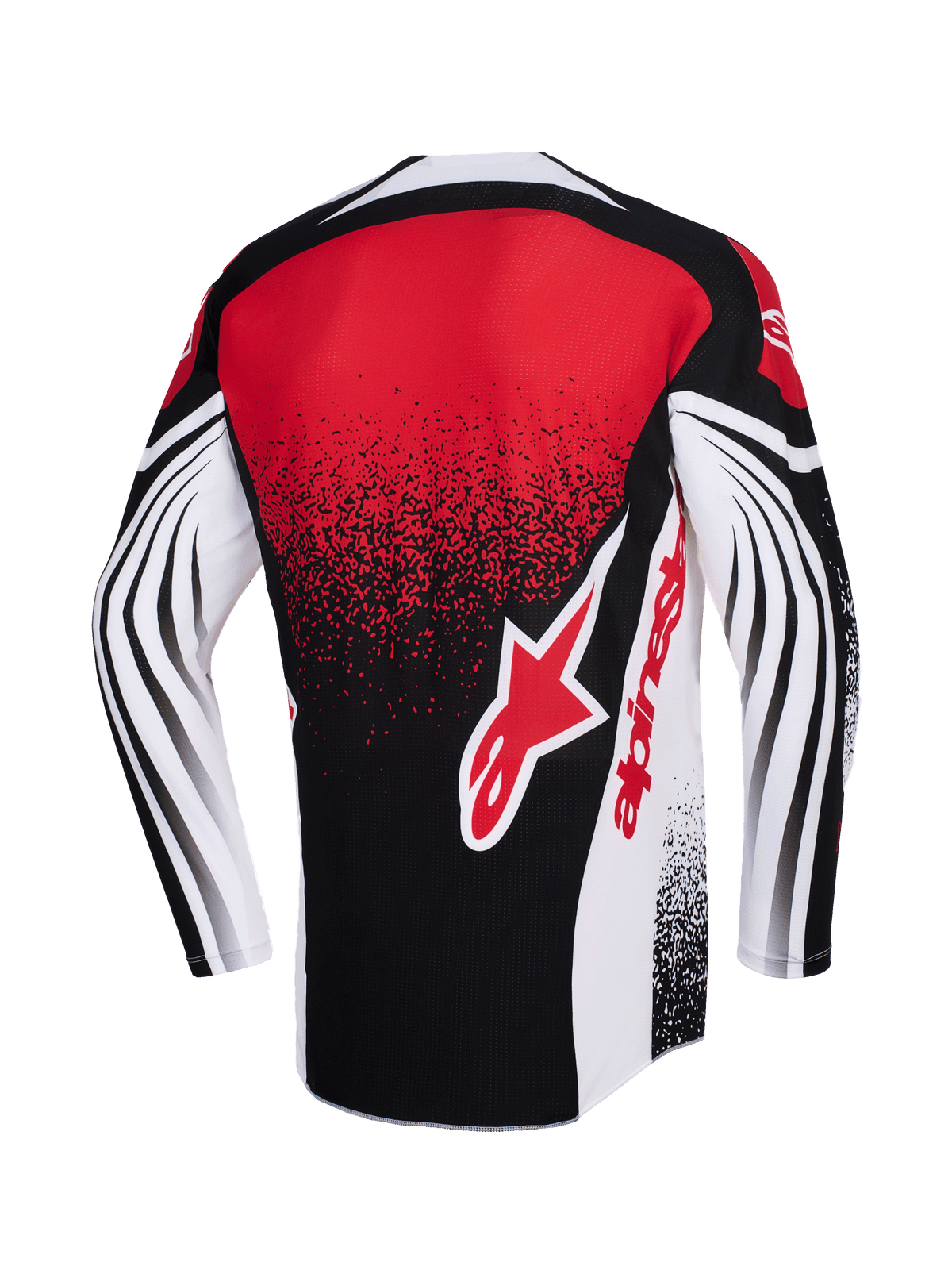 Jersey Alpinestars Techstar Nomur 2026, jersey de motocross, negro, blanco y rojo, vista trasera con un gran logotipo rojo de Alpinestars, efecto de degradado moteado y patrones curvos dinámicos en las mangas largas, ropa técnica de competición