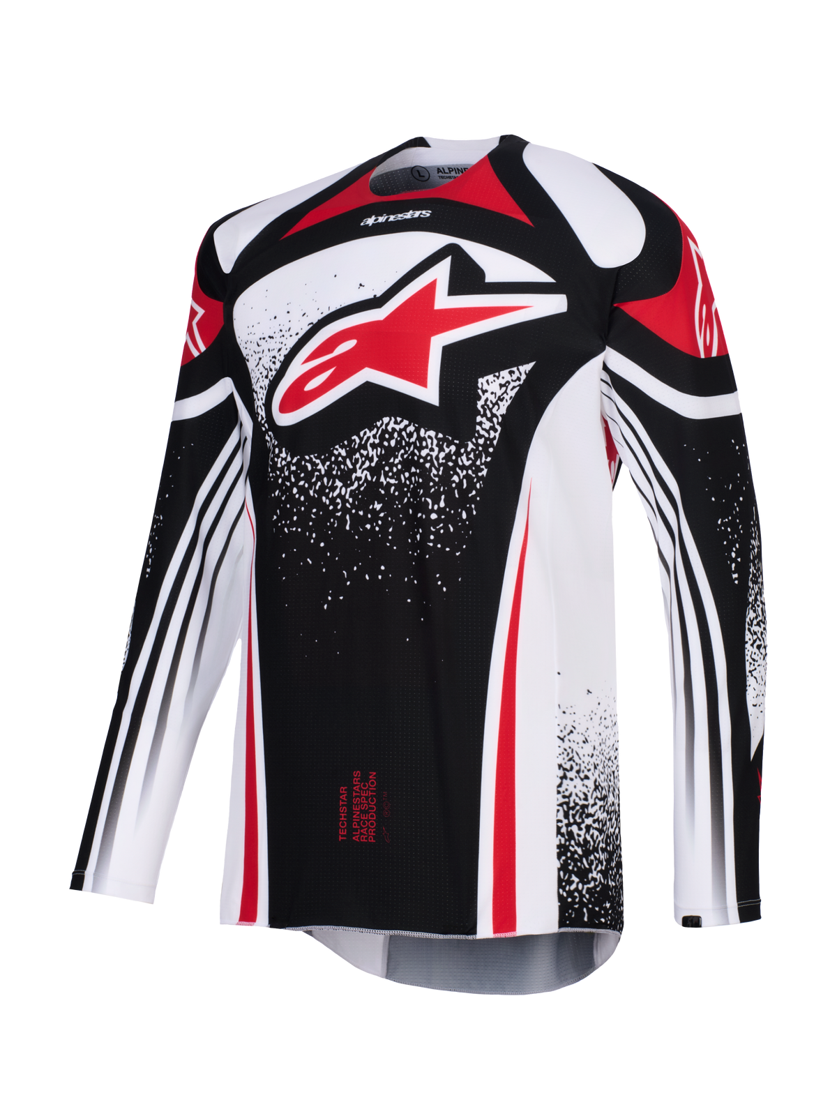 Jersey Alpinestars Techstar Nomur 2026, jersey de motocross, negro, blanco y rojo, con un gran logotipo Astars rojo en el pecho, patrones gráficos punteados, manga larga y un ajuste de carrera atlético para competición off-road de alto rendimiento.