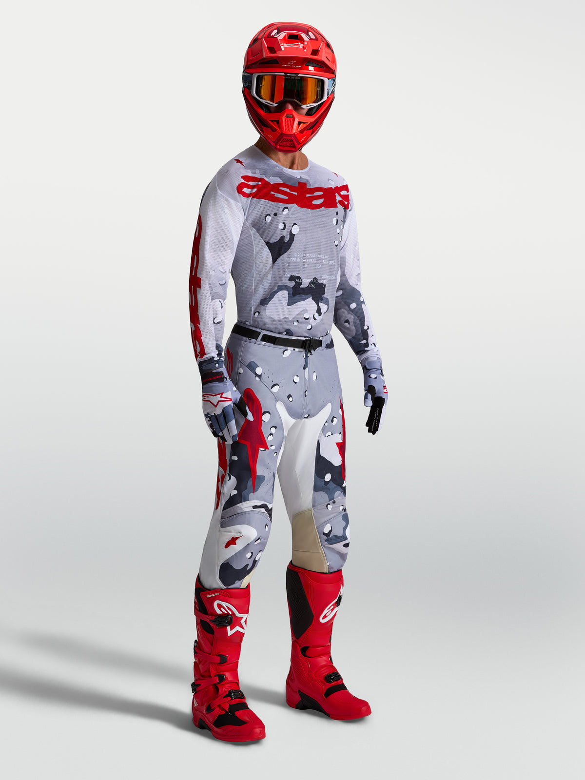 Alpinestars Jersey Racer Air Lone, jersey de motocross para hombre, gris camuflaje y rojo fuego, malla transpirable