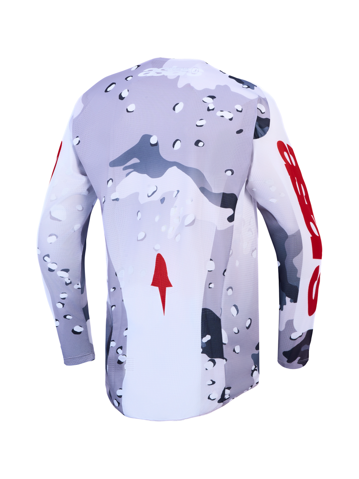 Alpinestars Racer Air Lone Jersey, motocross, vista posterior, camuflaje gris y blanco, detalles rojos, malla ventilada