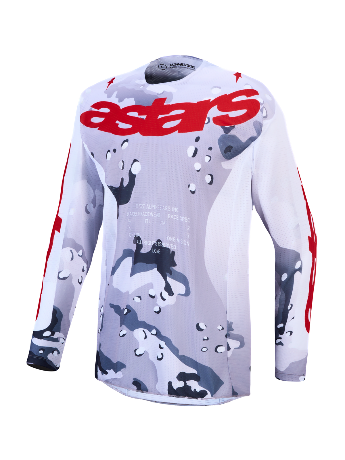 Alpinestars Racer Air Lone, jersey de motocross en gris camo y rojo con malla ventilada para rendimiento off-road