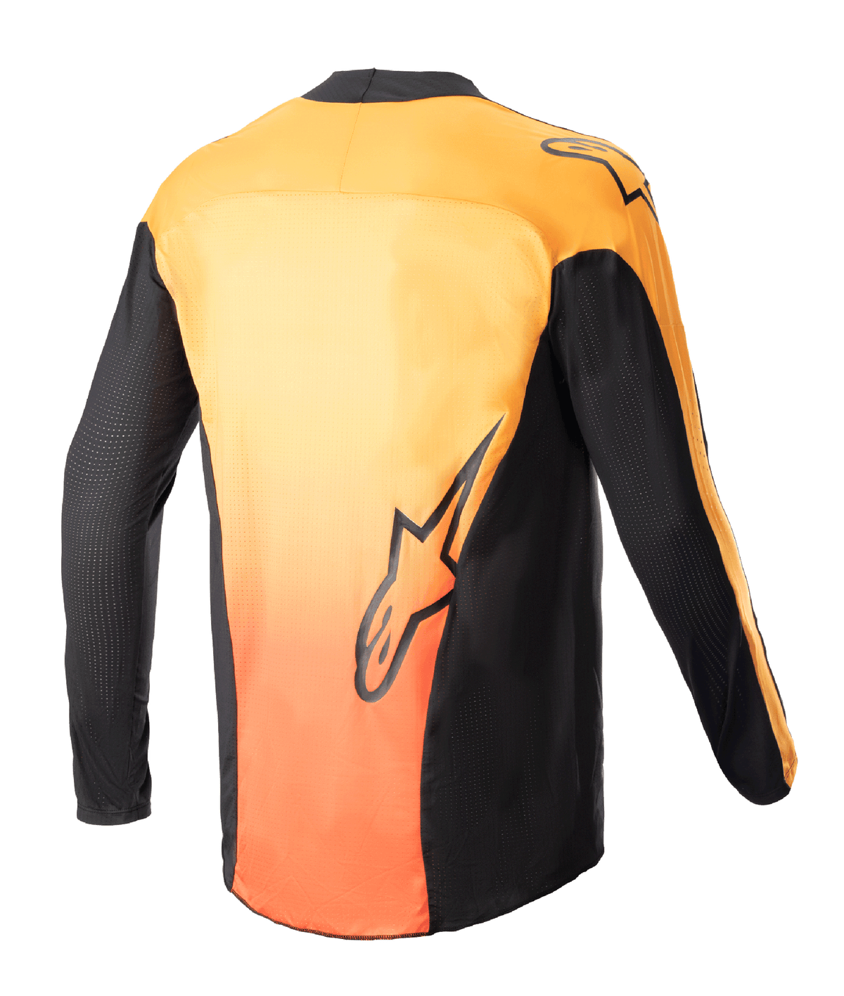 Alpinestars 2023 Techstar Sein Jersey, jersey de motocross, negro y naranja intenso, vista trasera que muestra la espalda con un degradado naranja vibrante con paneles laterales y mangas negras, con gráficos del logotipo de Alpinestars en la parte inferior de la espalda y el hombro