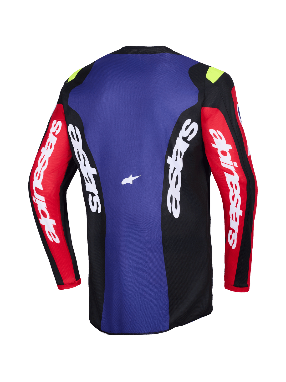 Alpinestars 2026 Fluid Grid Jersey, vista trasera, jersey de motocross en rojo, negro y púrpura, con logotipos Alpinestars en blanco en las mangas y paneles laterales, pequeños detalles en amarillo neón en los hombros, prenda técnica todoterreno que absorbe la humedad