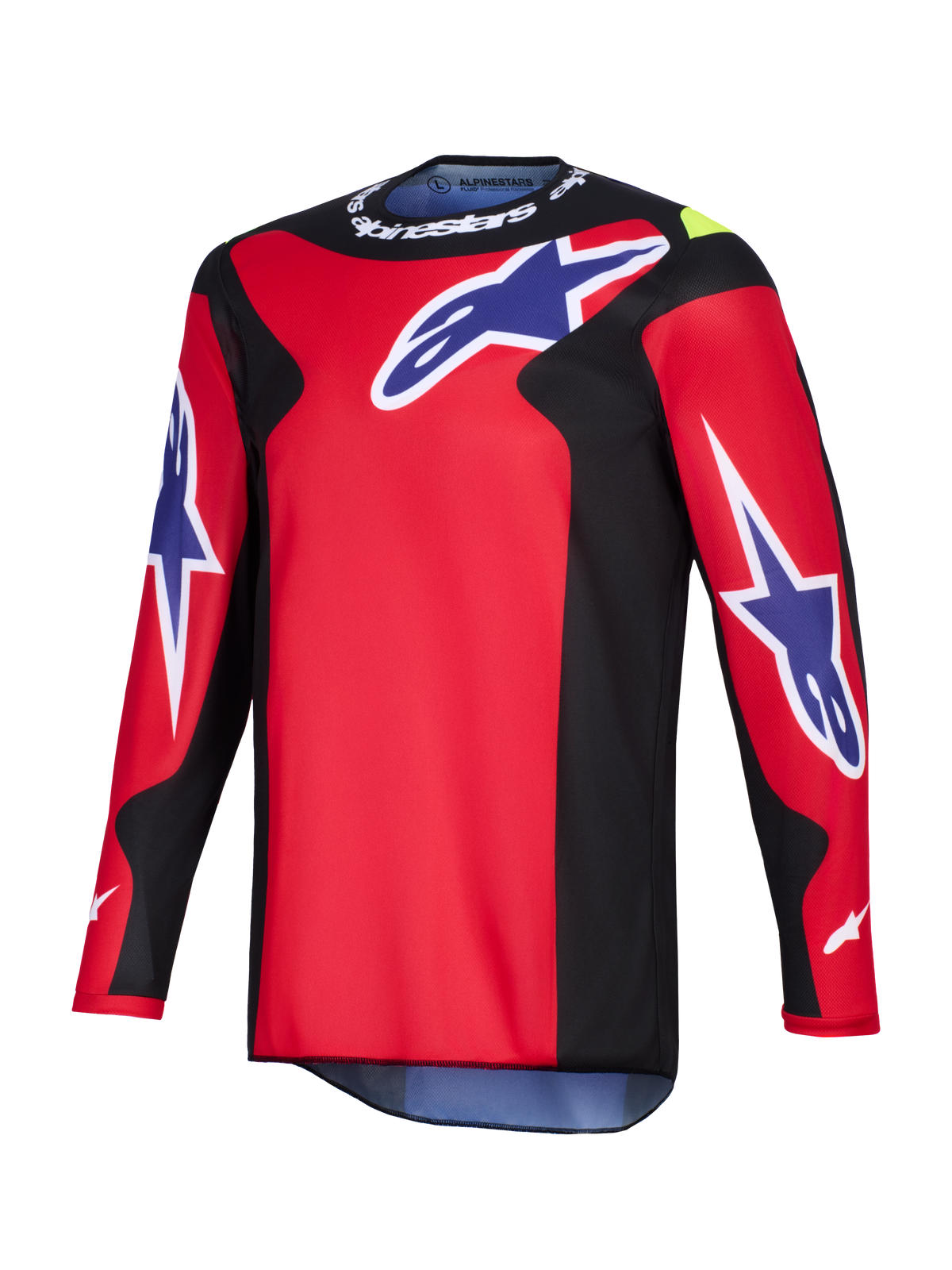Alpinestars 2026 Fluid Grid Jersey, jersey de motocross, rojo, negro y púrpura, con logotipos grandes de Astars en púrpura en el pecho y las mangas, paneles laterales negros y marca Alpinestars en blanco en el cuello, construcción en polifabric de alto rendimiento