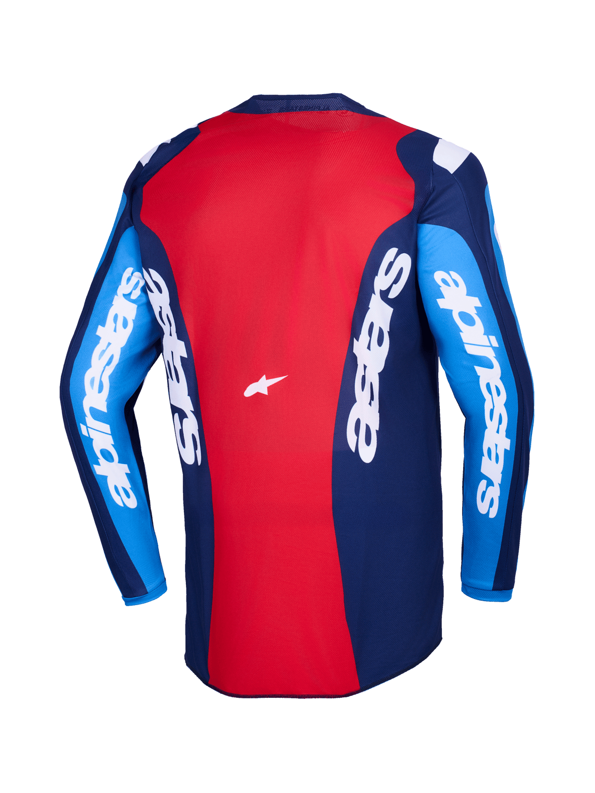 Alpinestars 2026 Fluid Grid Jersey, vista trasera, jersey de motocross rojo y azul, con logotipos de Alpinestars en blanco en las mangas y la espalda, diseño de polifabric ligero para conducción off-road