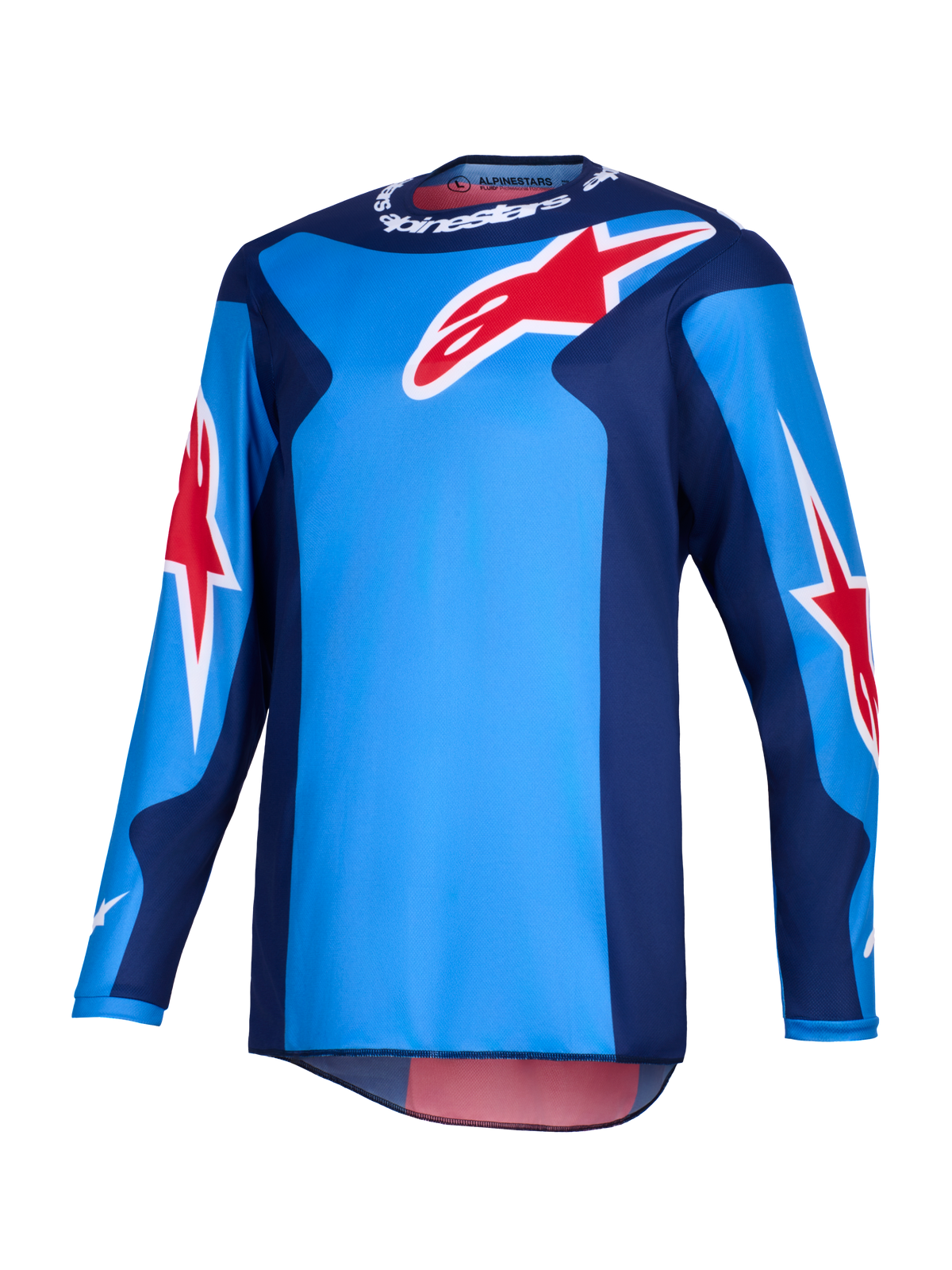 Alpinestars 2026 Fluid Grid Jersey, jersey de motocross, azul y rojo, con grandes logotipos rojos de la estrella de Alpinestars, paneles laterales azul oscuro y construcción de polifabric ligero con parte trasera más larga para conducción off-road.