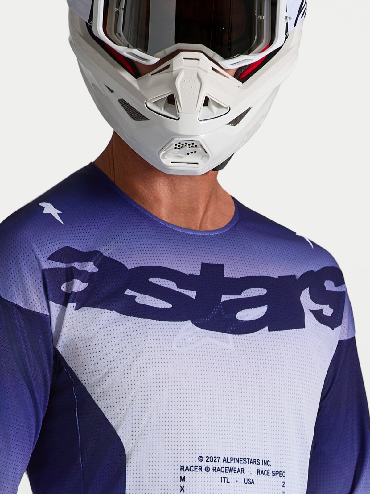 Alpinestars Racer Air Amber, jersey de motocross para hombre, azul y blanco, malla con logo Astars, modelo con casco