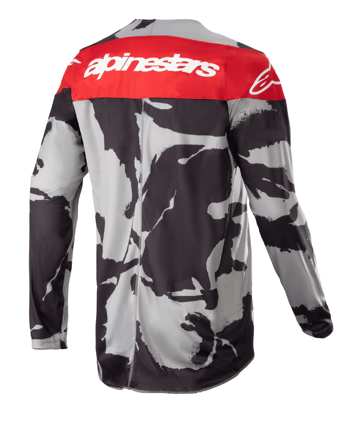 Alpinestars 2023 Racer Tactical Jersey, jersey de motocross, Cast Gray Camo y Mars Red, vista trasera con un panel superior rojo con el logo de Alpinestars en blanco y un patrón de camuflaje gris y negro, prenda ligera de alto rendimiento para todoterreno