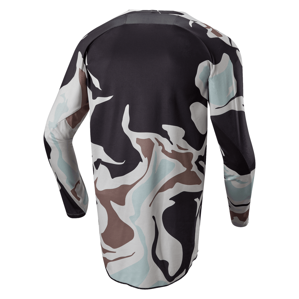 Alpinestars 2024 Racer Tactical Jersey, Iron Camo Dust Gray, vista posterior de jersey de motocross de manga larga con patrón de camuflaje en gris, negro, azul claro y tostado, y dobladillo trasero extendido para mayor cobertura.