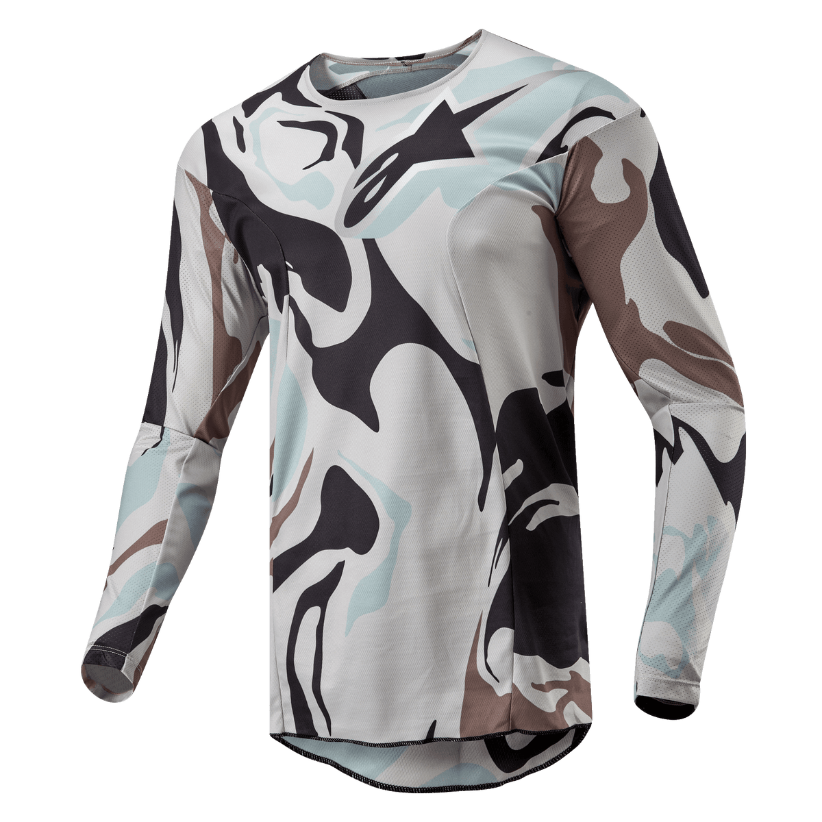 Alpinestars 2024 Racer Tactical Jersey, jersey de motocross, Iron Camo Dust Gray, con un llamativo patrón de camuflaje en tonos gris claro, gris oscuro y azul pálido, construcción de poli-tejido ligero con inserciones de malla transpirable, ajuste deportivo ergonómico.