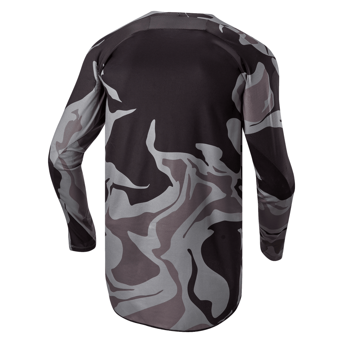 Alpinestars 2024 Racer Tactical Jersey, jersey de motocross, Cast Gray Camo Magnet, vista trasera que muestra el patrón de camuflaje gris y negro, tejido transpirable y dobladillo trasero extendido para mayor cobertura