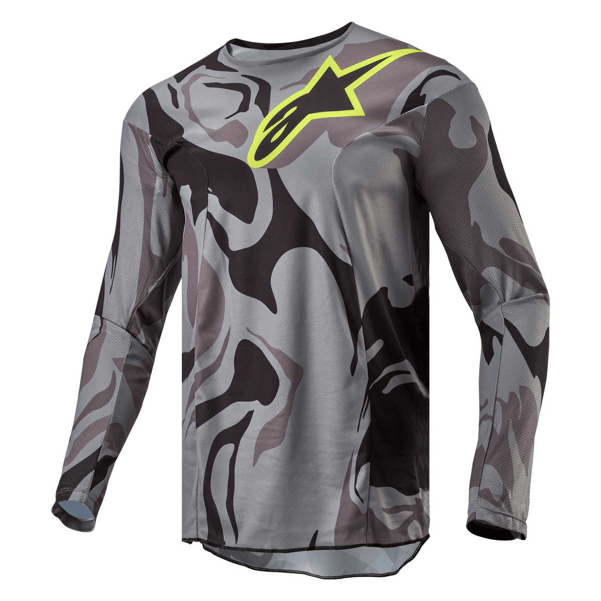 Alpinestars Jersey Táctico Racer 2024, jersey de motocross, Cast Gray Camo Magnet, patrón de camuflaje en gris y negro con un logotipo de Alpinestars en amarillo brillante en el pecho, manga larga, equipamiento de alto rendimiento para conducción todoterreno