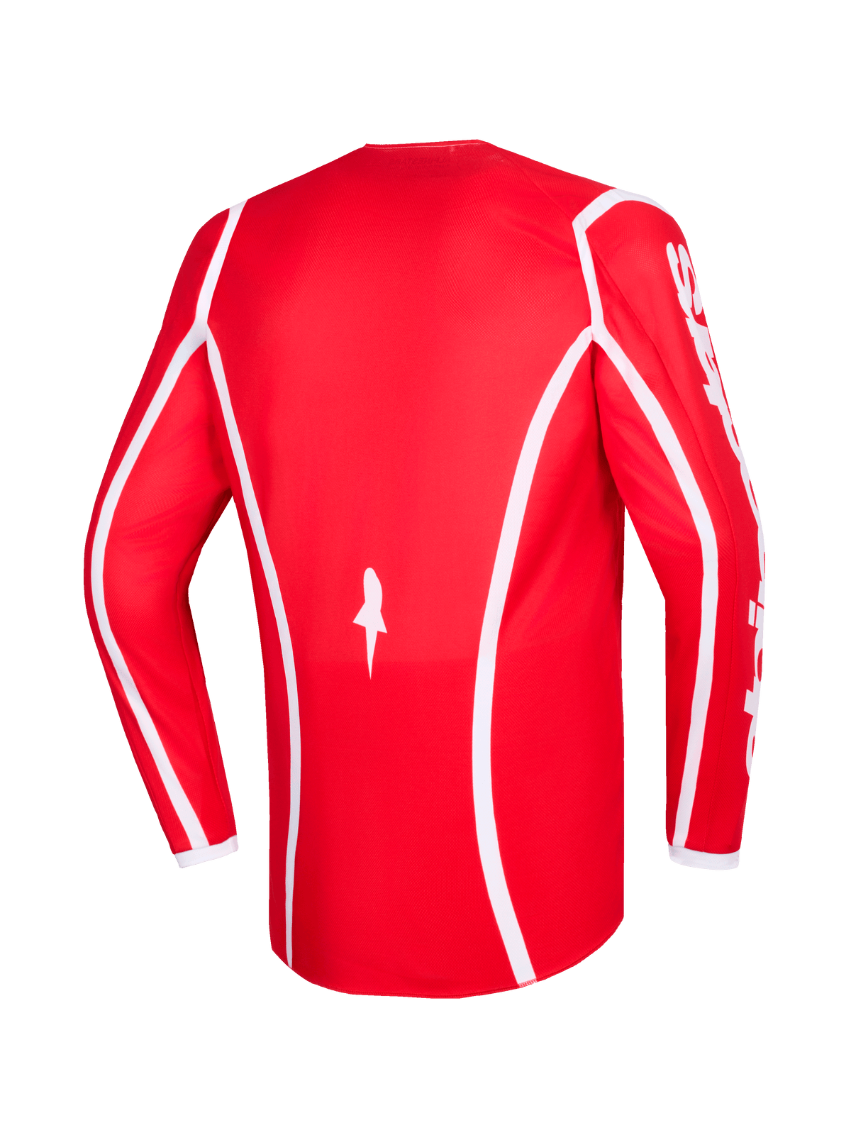 Alpinestars 2026 Fluid Apex Jersey, rojo y blanco, vista trasera de jersey de motocross de manga larga con líneas de acento curvas blancas, logotipo de estrella en la parte inferior y texto Alpinestars blanco en las mangas, diseñado para carreras off-road