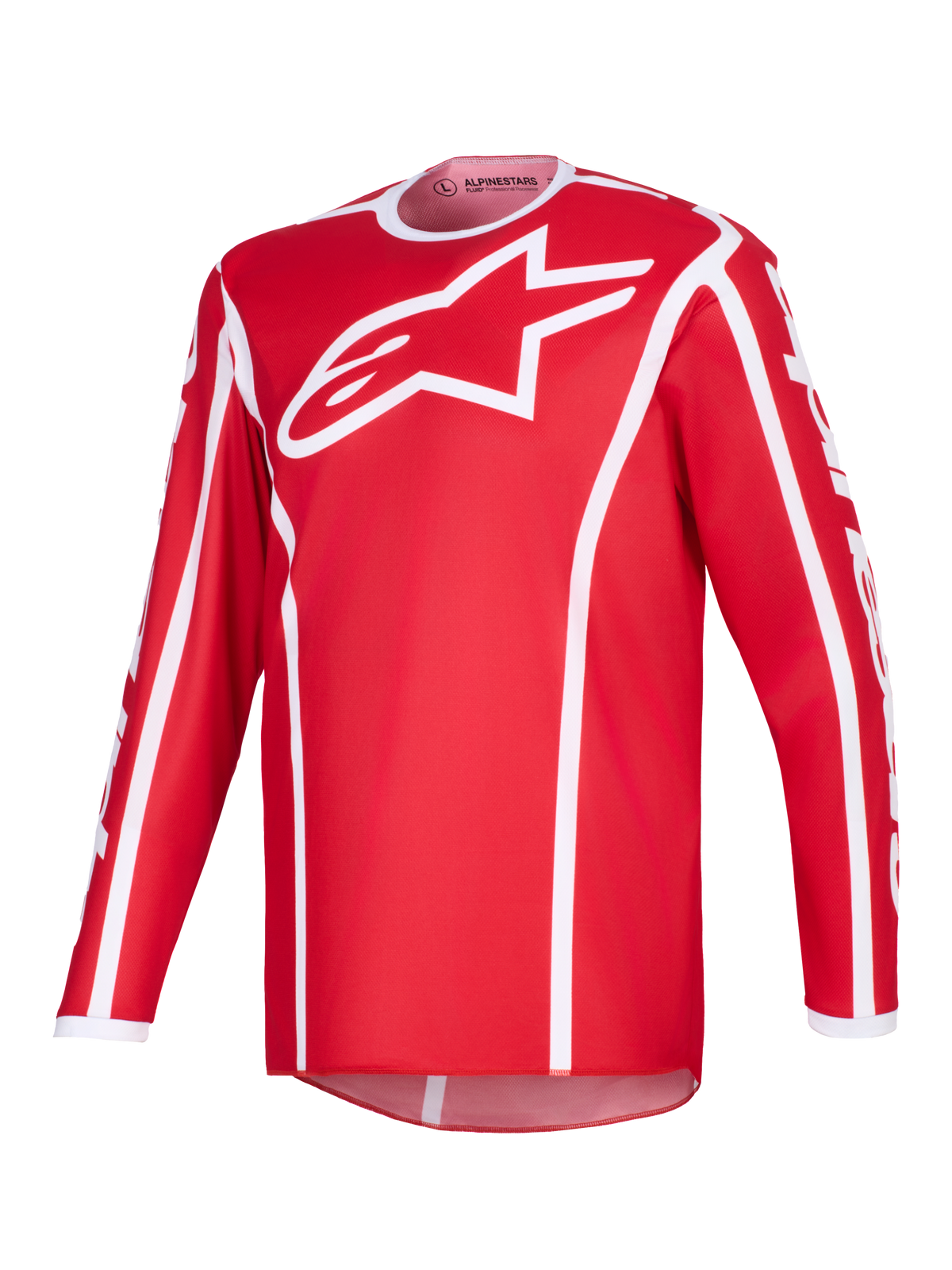 Alpinestars Jersey Fluid Apex 2026, jersey de motocross, rojo y blanco, con un gran logotipo A-star blanco en el pecho, cuello deportivo blanco, ribetes verticales y dobladillo trasero extendido para rendimiento off-road