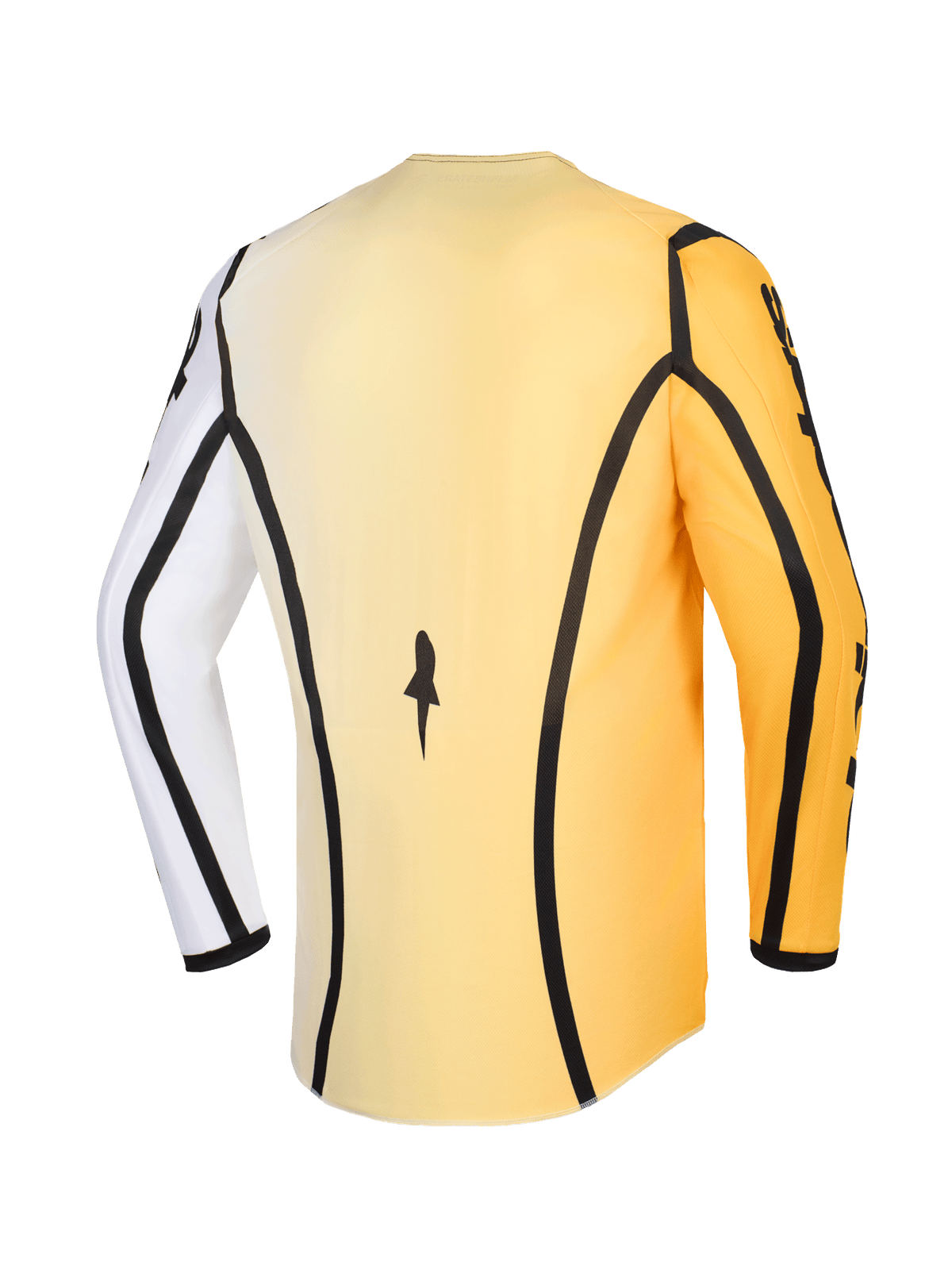 Alpinestars 2026 Fluid Apex Jersey, jersey de motocross, amarillo, blanco y negro, vista posterior con detalles de ribetes negros, una manga blanca y una manga amarilla, con un dobladillo trasero extendido para mayor cobertura en conducción off-road