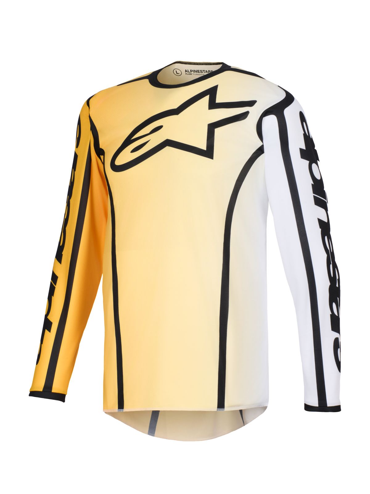 Alpinestars 2026 Fluid Apex Jersey, jersey de motocross, degradado amarillo y blanco con detalles en negro, con un gran logotipo de estrella negra en el pecho, contornos negros marcados en las costuras y marca Alpinestars en las mangas, prenda técnica de manga larga para off-road