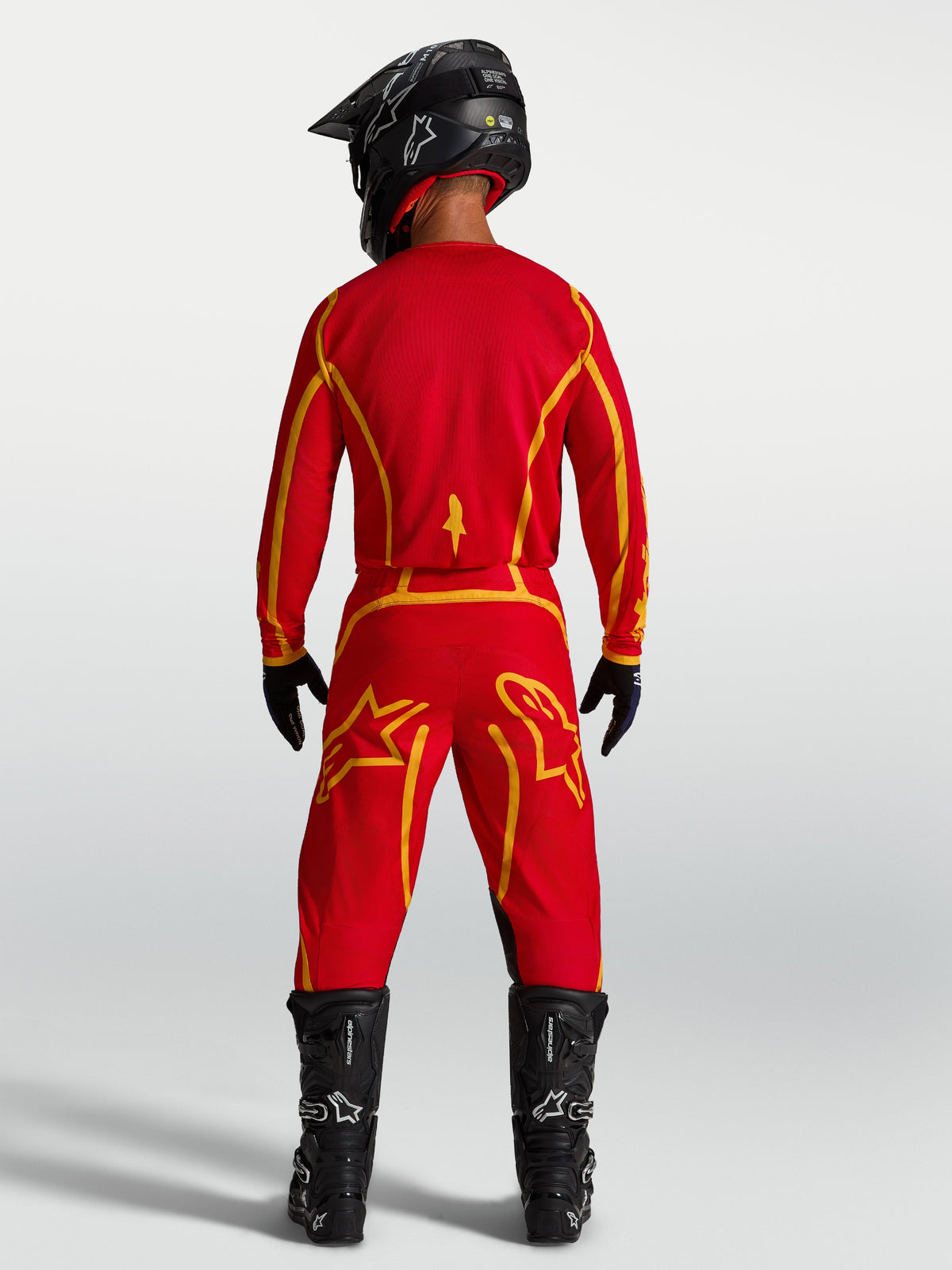 Alpinestars Fluid Apex V2 Jersey, Men's Motocross Jersey, Fire Red and Gold, lightweight moisture-wicking textile.