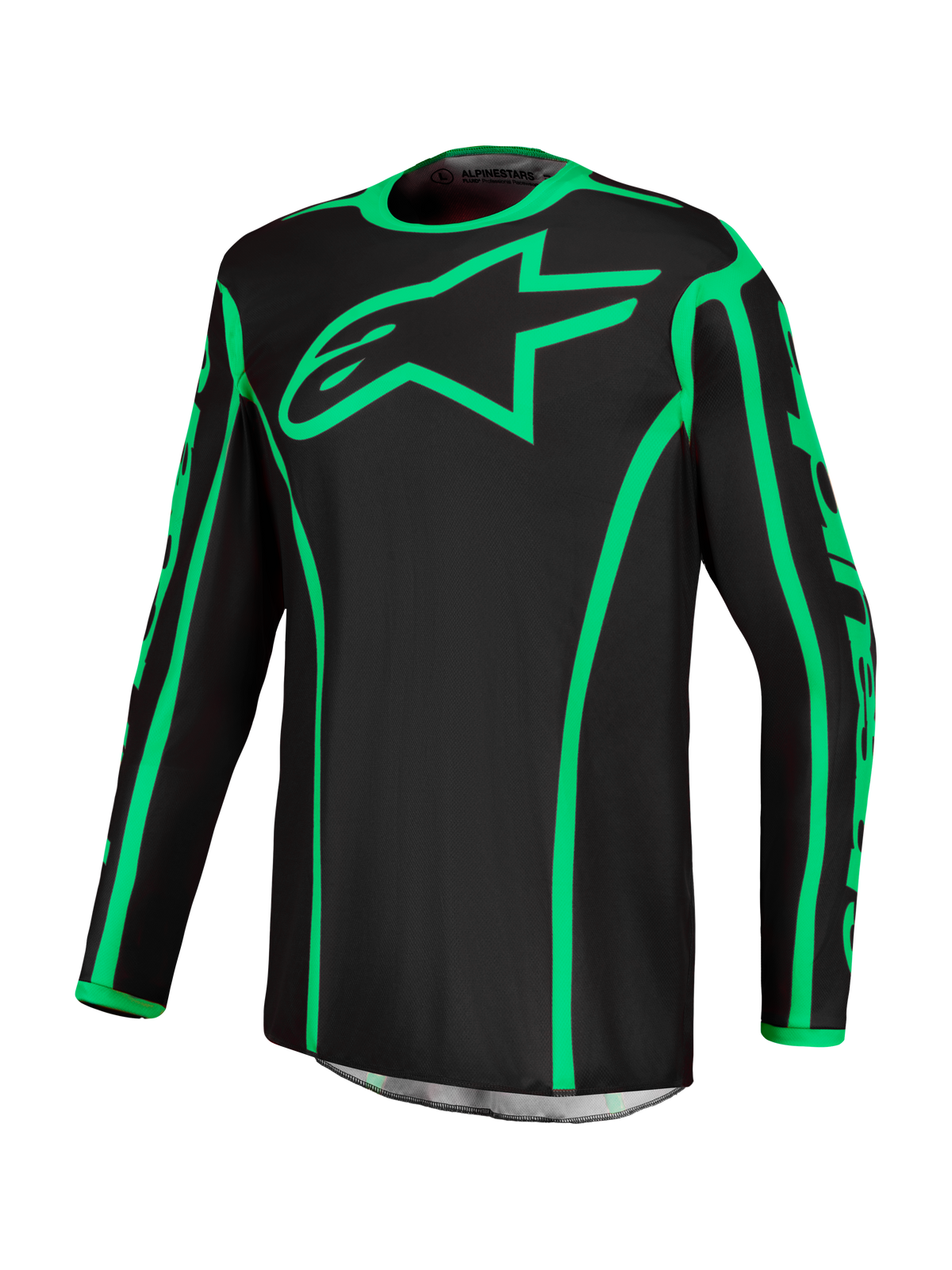 Alpinestars Fluid Apex V2, jersey de motocross de hombre, negro y verde fluo, logotipo de estrella, tejido transpirable