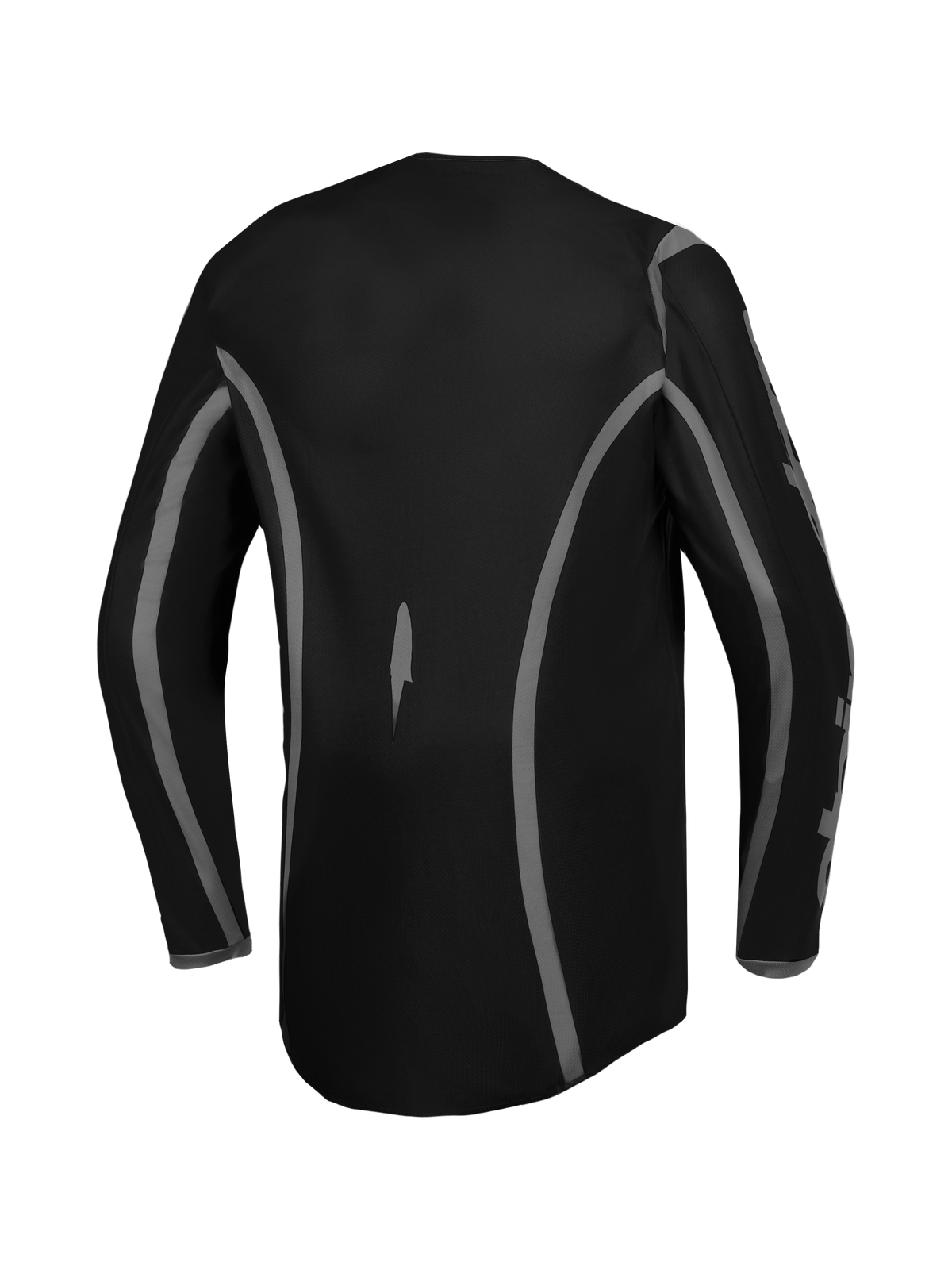 Alpinestars Fluid Apex V2, jersey de motocross para hombre, negro y plateado, con corte trasero extendido, vista posterior.