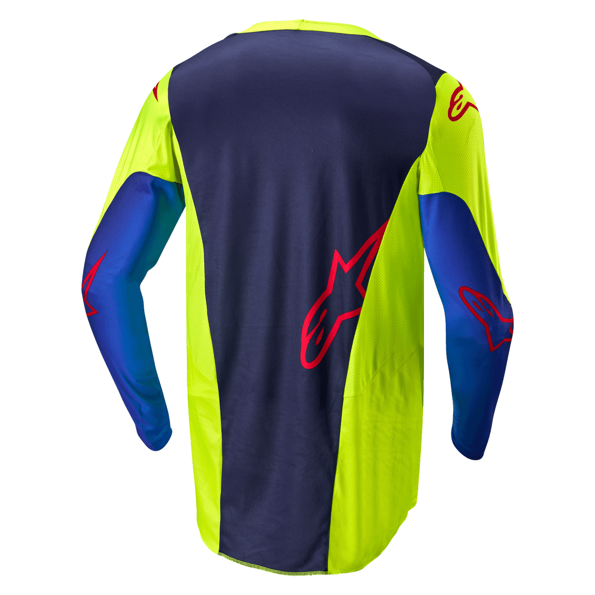 Jersey Alpinestars Racer Hoen 2024, camiseta de motocross, amarillo flúor y azul marino noche, vista trasera que muestra el panel central azul oscuro con logo rojo, secciones laterales amarillo brillante, manga larga y tejido de malla transpirable diseñado para el rendimiento off-road.