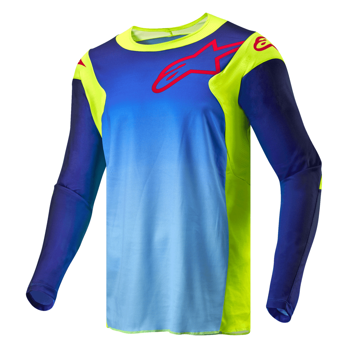 Alpinestars Racer Hoen Jersey 2024, jersey de motocross, amarillo flúor y azul noche, con cuerpo en degradado azul y paneles amarillos fluorescentes, logotipo de Alpinestars en rojo en el pecho y los hombros, equipamiento técnico de manga larga para off-road