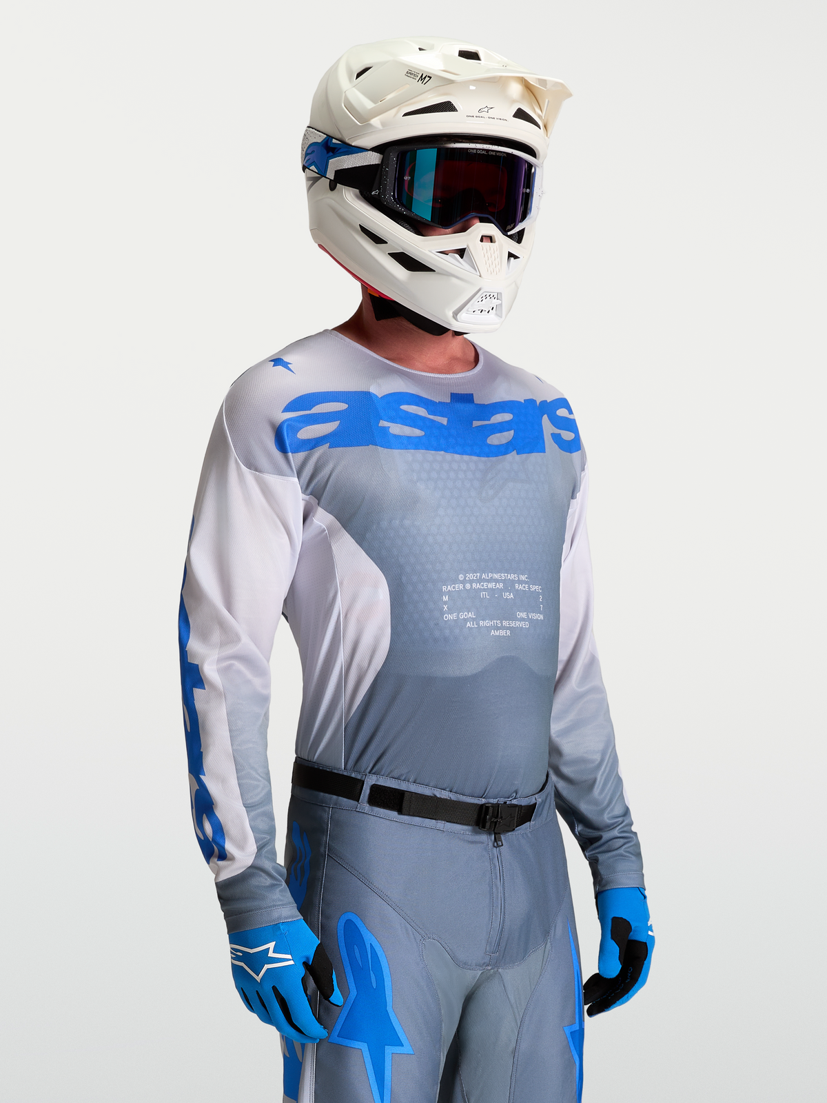 Jersey Alpinestars Racer Amber para hombre, gris y azul, motocross y off-road, politejido ligero que absorbe la humedad