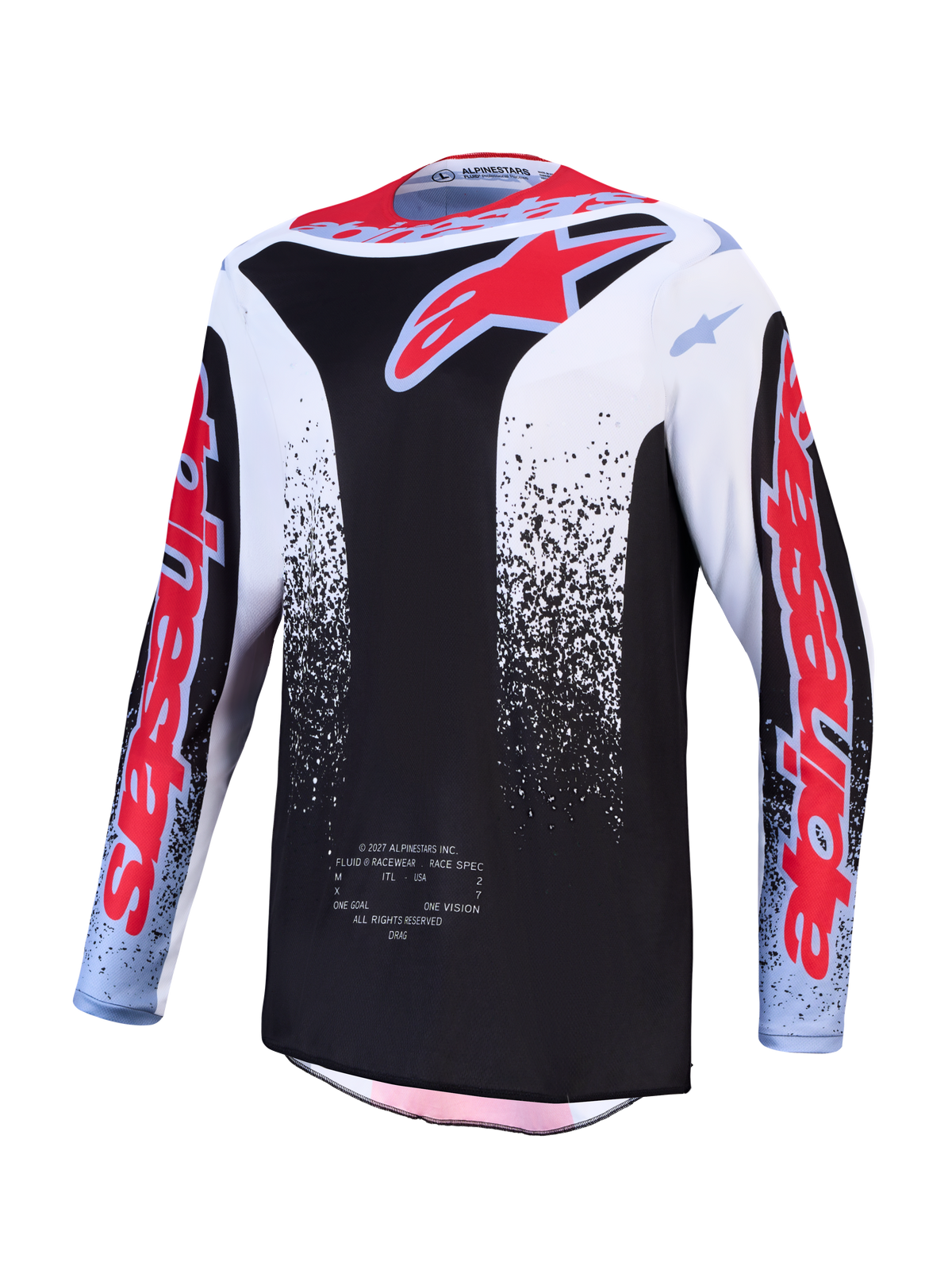 Alpinestars 2027 Fluid Drag Jersey, jersey de motocross para hombre, negro, blanco y rojo, con tejido transpirable.