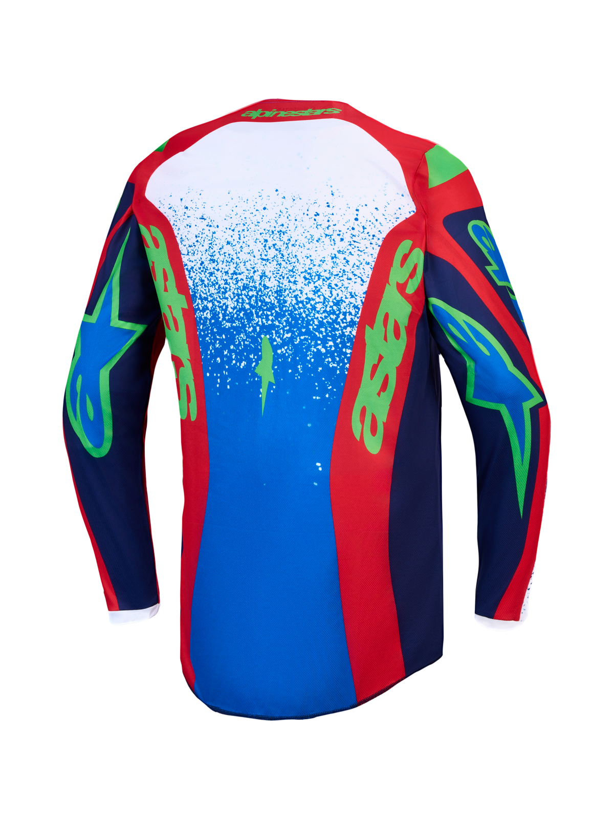 Alpinestars Jersey Fluid Drag, jersey de motocross para hombre, azul marino y rojo fuego con gráficos verdes, vista trasera