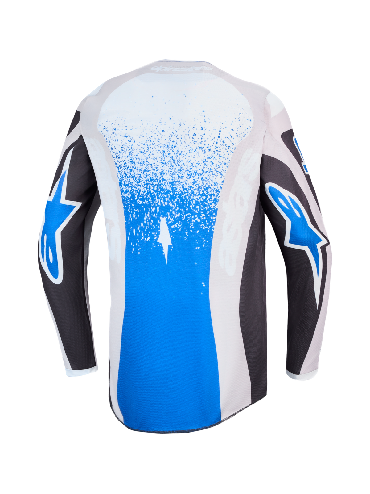 Jersey Alpinestars Fluid Drag para motocross, vista trasera en color azul y gris con gráficos de salpicaduras y logotipos de estrella