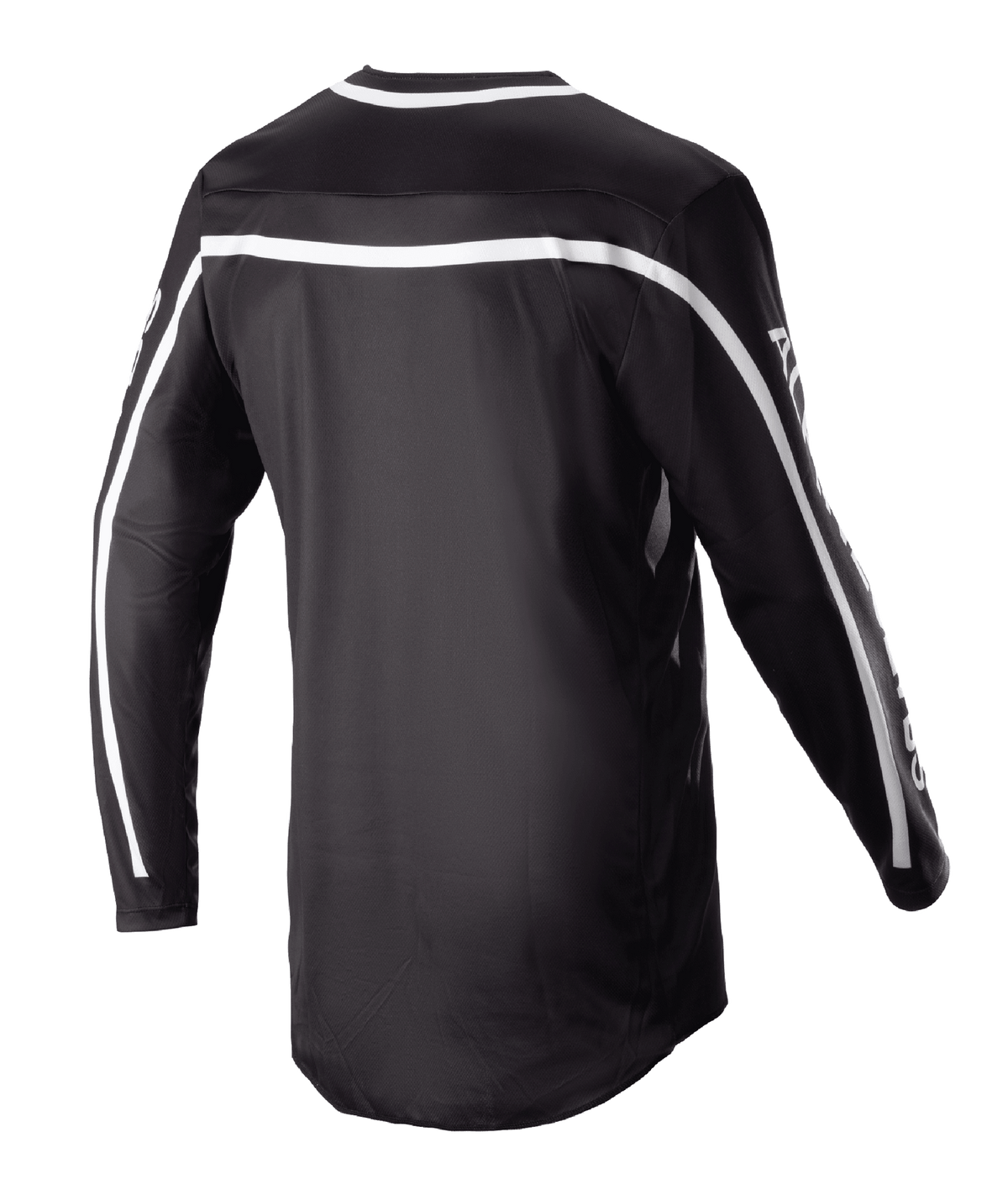 Jersey Alpinestars Racer Found 2023, jersey de motocross negro, vista trasera con franjas blancas en los hombros y las mangas, diseño de manga larga con parte trasera más larga para mayor cobertura, equipo de alto rendimiento ligero y transpirable