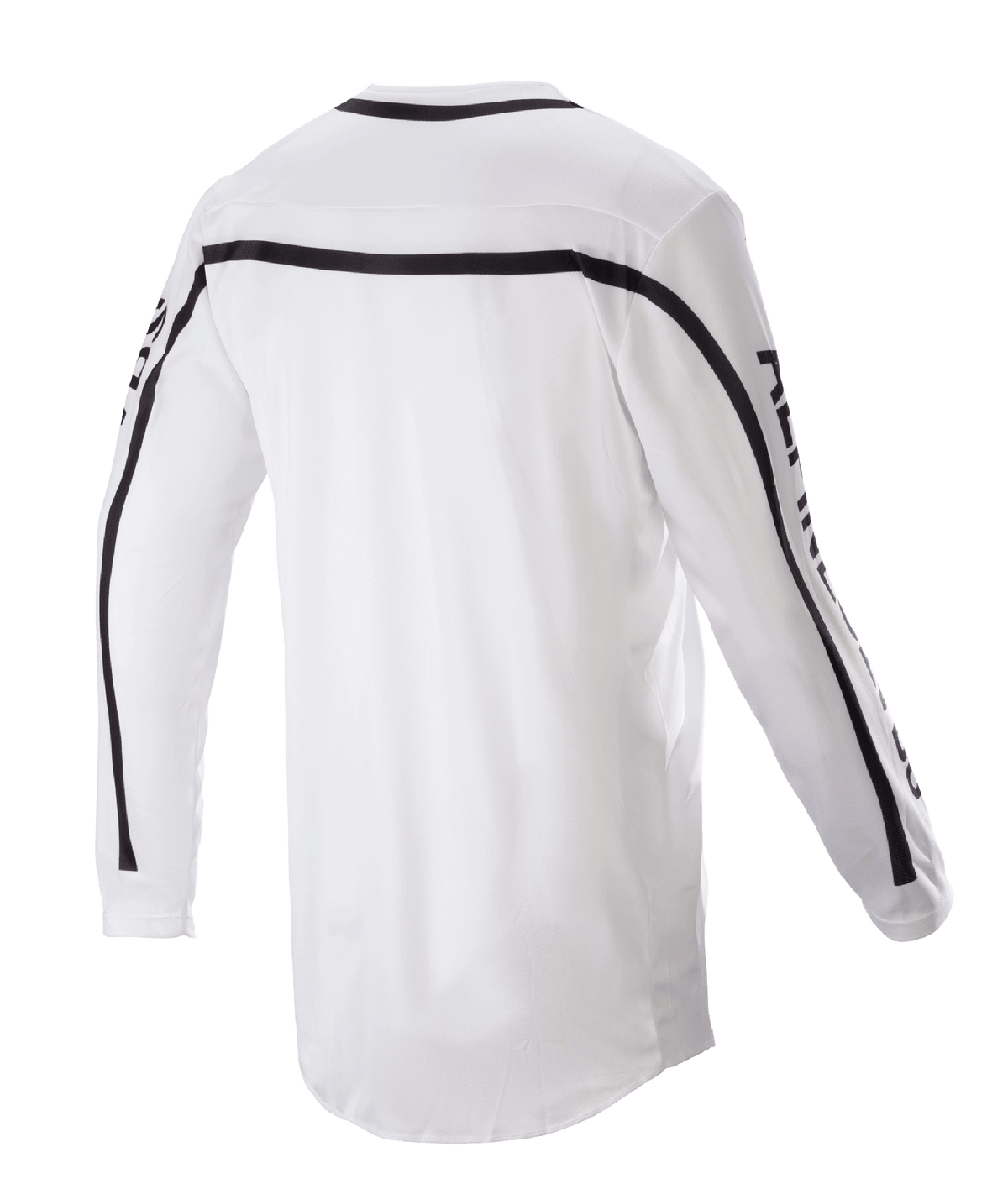 Alpinestars 2023 Racer Found Jersey, jersey de motocross, blanco, vista trasera con franjas negras en los hombros y las mangas, dobladillo trasero más largo para mayor cobertura, construcción de poli-tejido ligero
