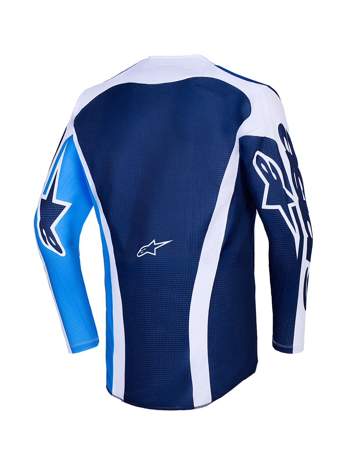 Alpinestars 2026 Racer Air Portl Jersey, vista trasera, azul UCLA y blanco, cuerpo de malla azul oscuro con detalles curvos blancos, manga izquierda azul brillante con logo de estrella azul oscuro, manga derecha azul oscuro con logo de estrella blanco, jersey de motocross transpirable de alto rendimiento