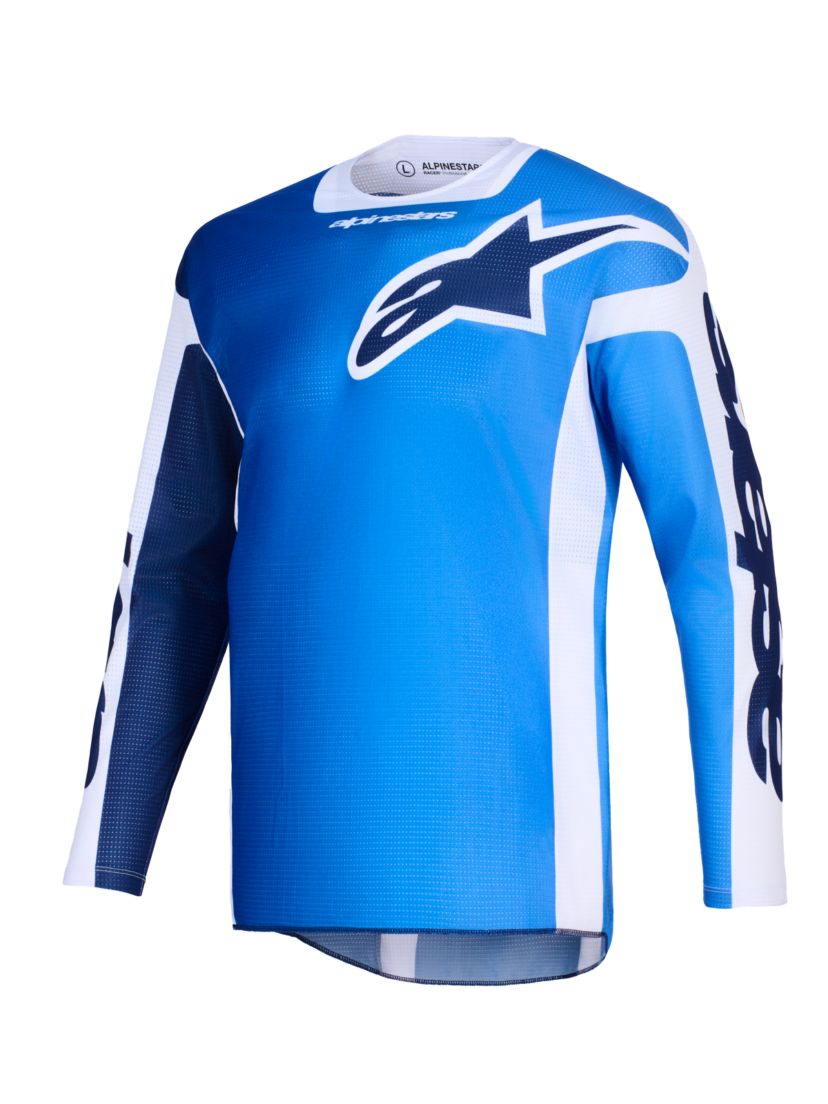 Alpinestars 2026 Racer Air Portl Jersey, jersey de motocross, azul Ucla y blanco, con un gran logotipo Astars en azul oscuro en el pecho, paneles laterales blancos y textura de malla ligera para un alto flujo de aire
