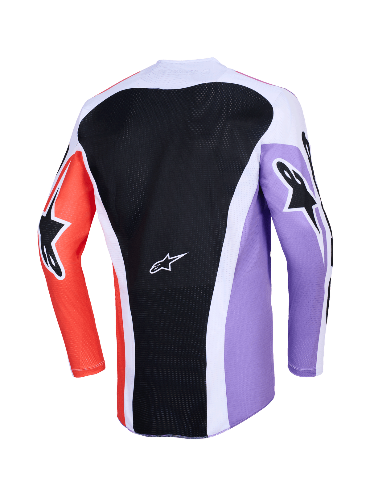 Alpinestars Racer Air Portl Jersey 2026, vista trasera de jersey de motocross de manga larga, diseño multicolor con panel trasero de malla negra, mangas púrpuras y naranjas con logotipos de estrellas negras, detalles blancos y construcción transpirable para conducción off-road.