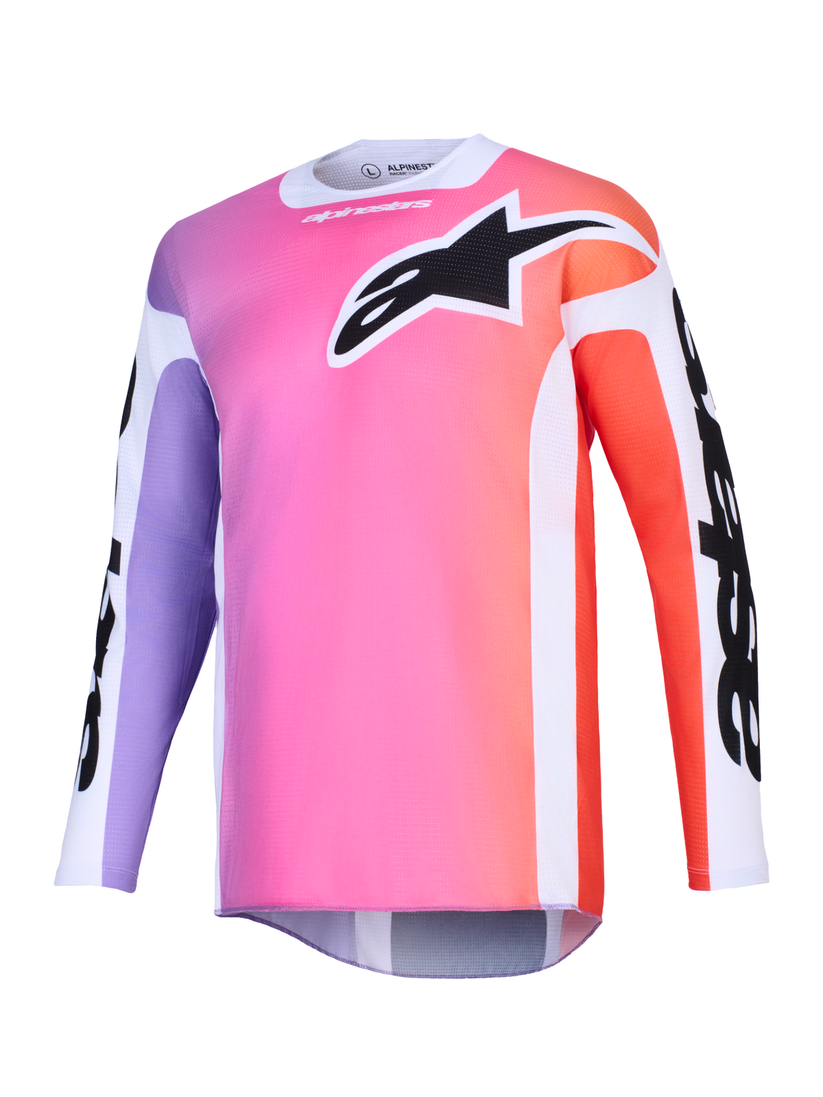 Jersey Alpinestars Racer Air Portl 2026, jersey de motocross con degradado multicolor en rosa, morado y naranja, gran logotipo Astars negro en el pecho, paneles laterales blancos, tejido de malla transpirable de manga larga y un corte trasero extendido.