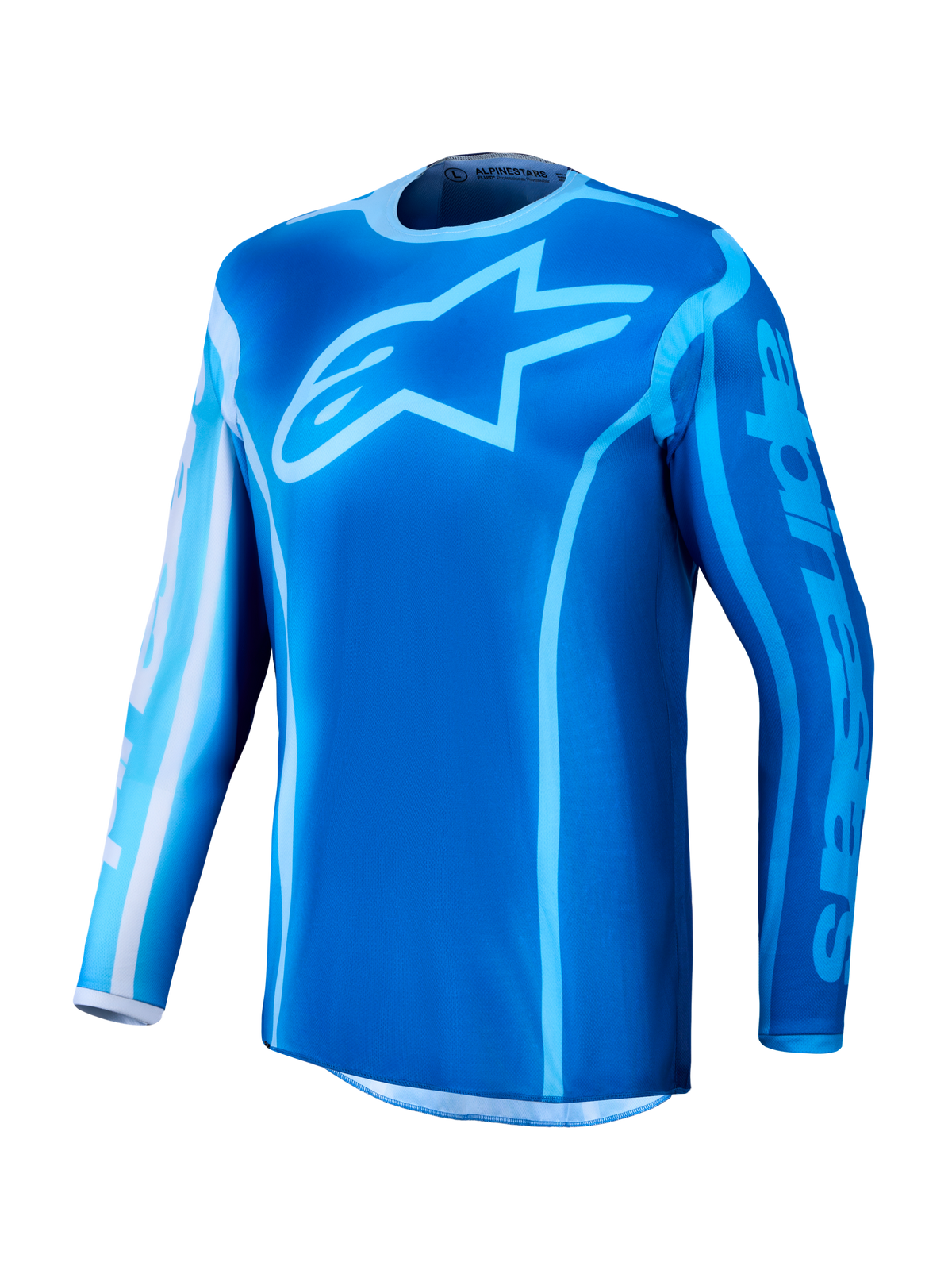 Alpinestars Fluid Kepler 2027, jersey de motocross azul con tejido que evacua la humedad y gran logotipo de estrella