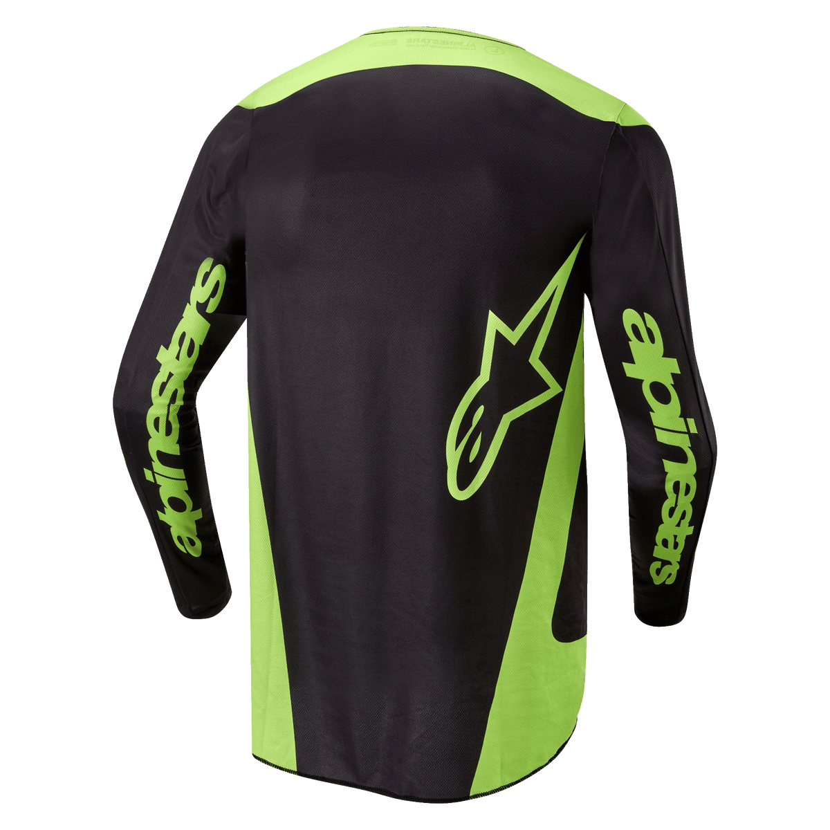 Alpinestars Fluid Lurv Jersey 2024, jersey de motocross, negro y amarillo flúor, vista trasera con paneles laterales amarillo neón, un logotipo de estrella grande en la parte inferior de la espalda y la marca Alpinestars en las mangas