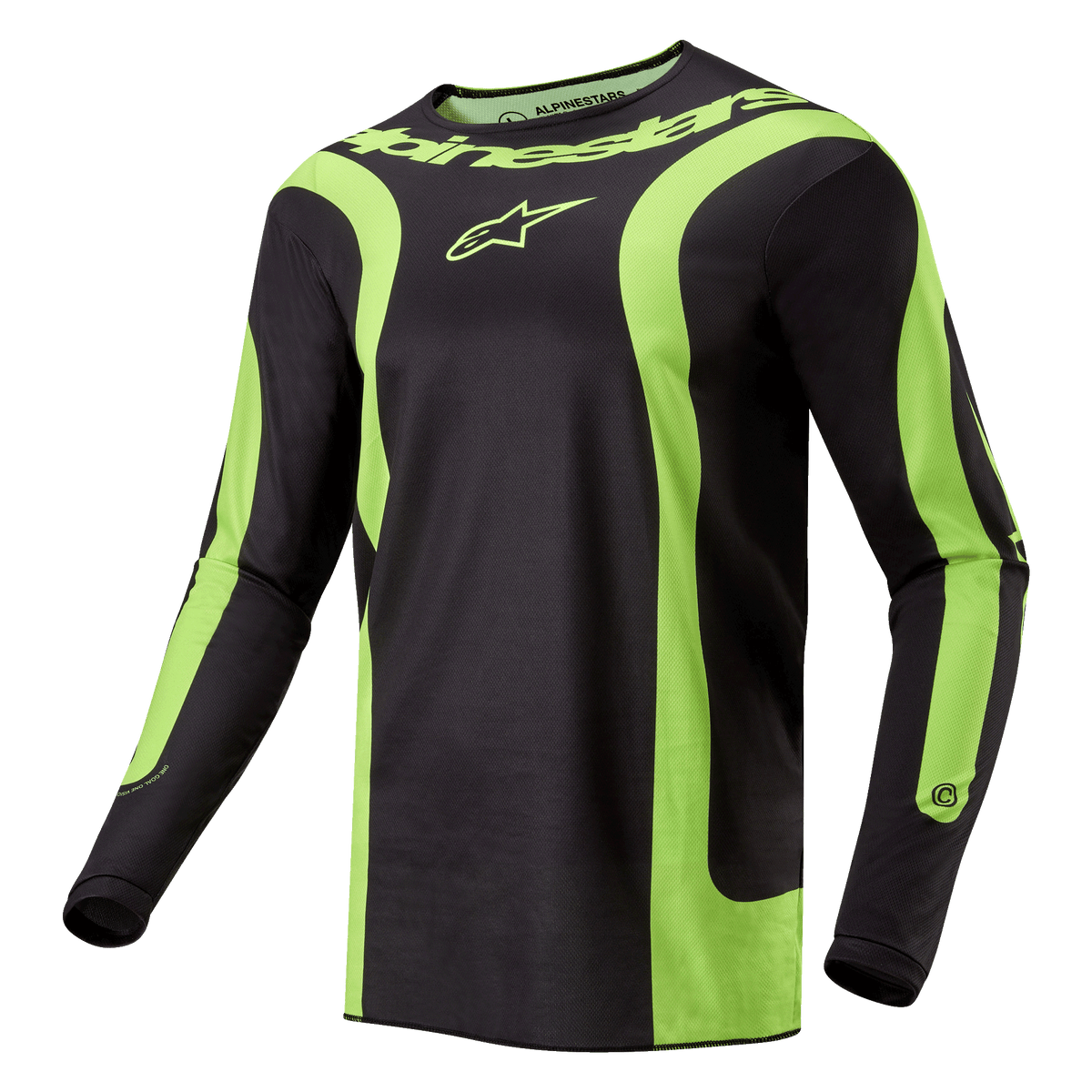 Alpinestars Fluid Lurv Jersey 2024, jersey de motocross, negro y amarillo flúor, con llamativos paneles curvos en amarillo fluorescente, logotipo de Alpinestars en el pecho y marca alrededor del cuello, corte deportivo atlético para carreras off-road