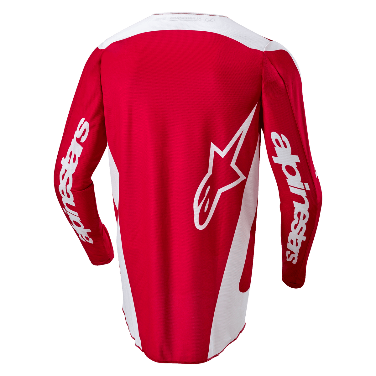 Alpinestars 2024 Fluid Lurv Jersey, jersey de motocross, rojo Mars y blanco, vista trasera con un gran logo de estrella blanca en la espalda, paneles laterales blancos y marca en las mangas