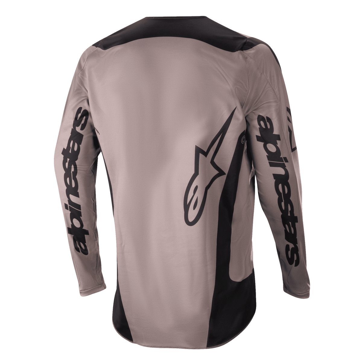 Alpinestars 2024 Fluid Lurv Jersey, jersey de motocross, Mud Black, vista trasera que muestra la marca Alpinestars de gran tamaño en las mangas y la parte inferior de la espalda, paneles negros en hombros y laterales, equipamiento de alto rendimiento para pilotaje off-road
